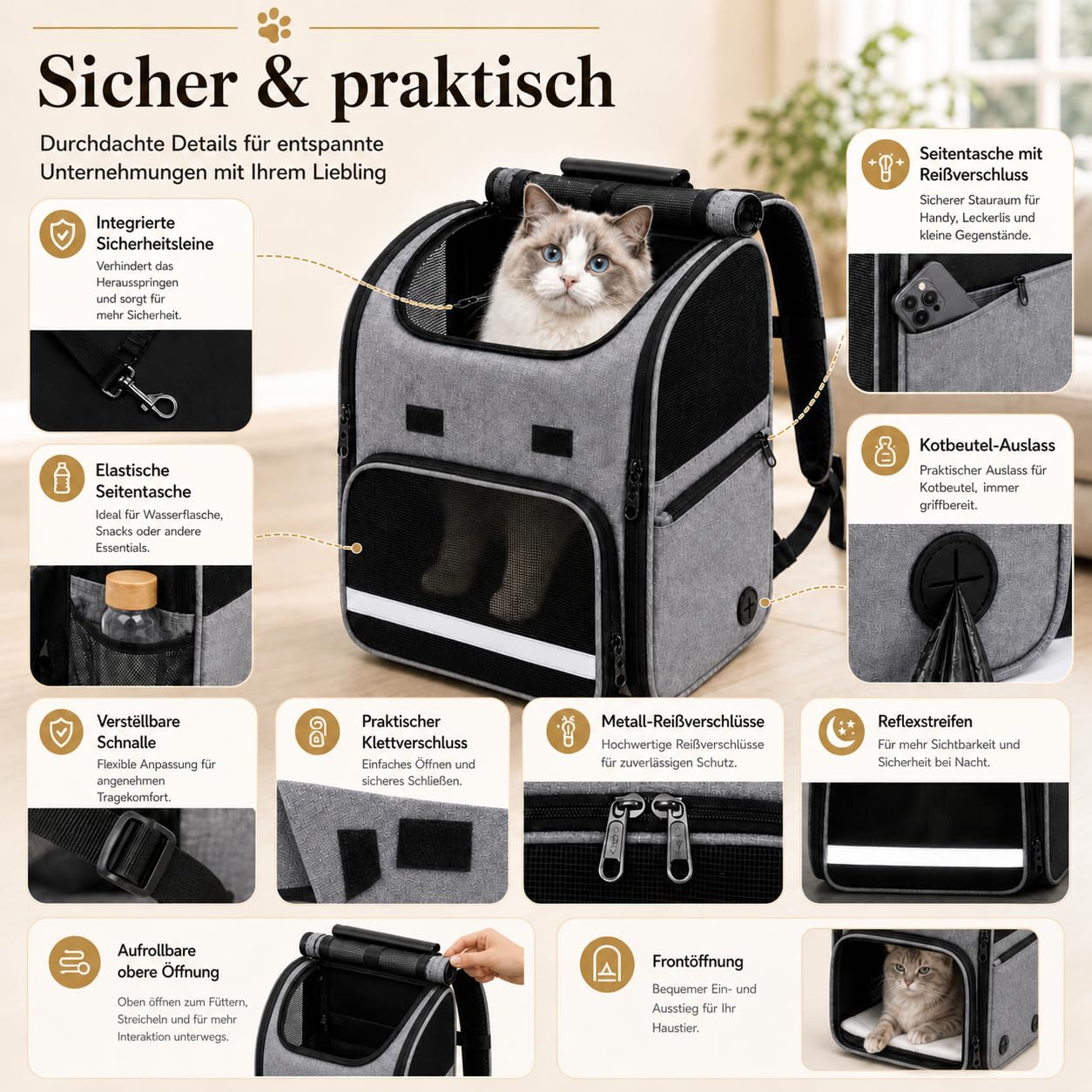 Katzenrucksack, Tragbare und Faltbare Katzentasche, Atmungsaktive und Leichte Hunderucksack, Multifunktionales Rutschfestes, Wasserdichtes Oxford-Tuch mit viel Platz, Grau 10kg