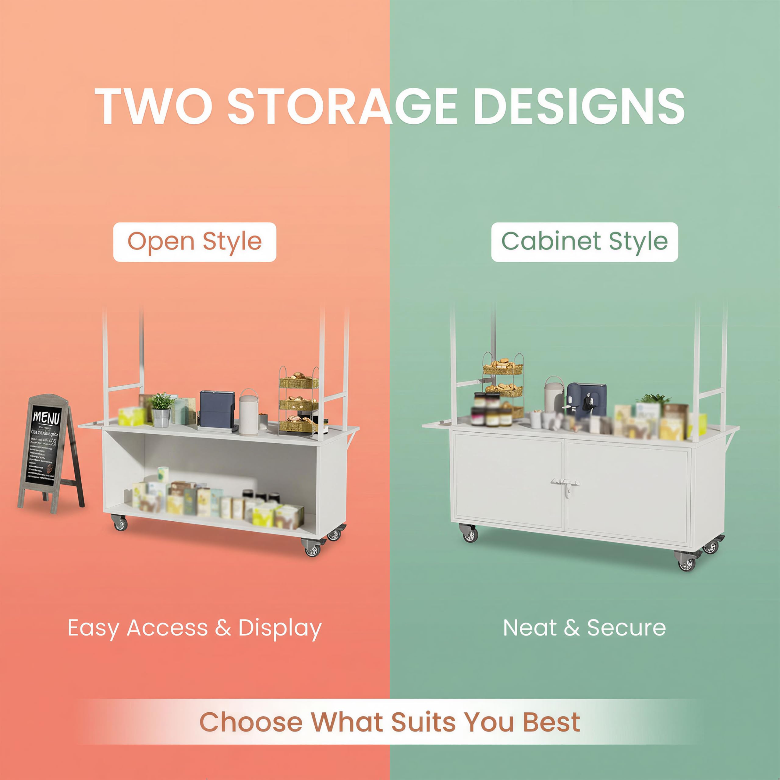 Carrello portatile per alimenti da esterno con tettuccio, carrello mobile per vendite di alimenti, carrello con ruote (design aperto blu, 120 x 90 x 210 cm), ideale per festival ed eventi