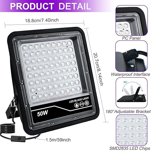 Miniatura 4 de Paquete de 2 luces negras de 50 W, luces negras para fiesta brillante, IP66, impermeable, luz negra, para fiesta de Halloween, brilla en la