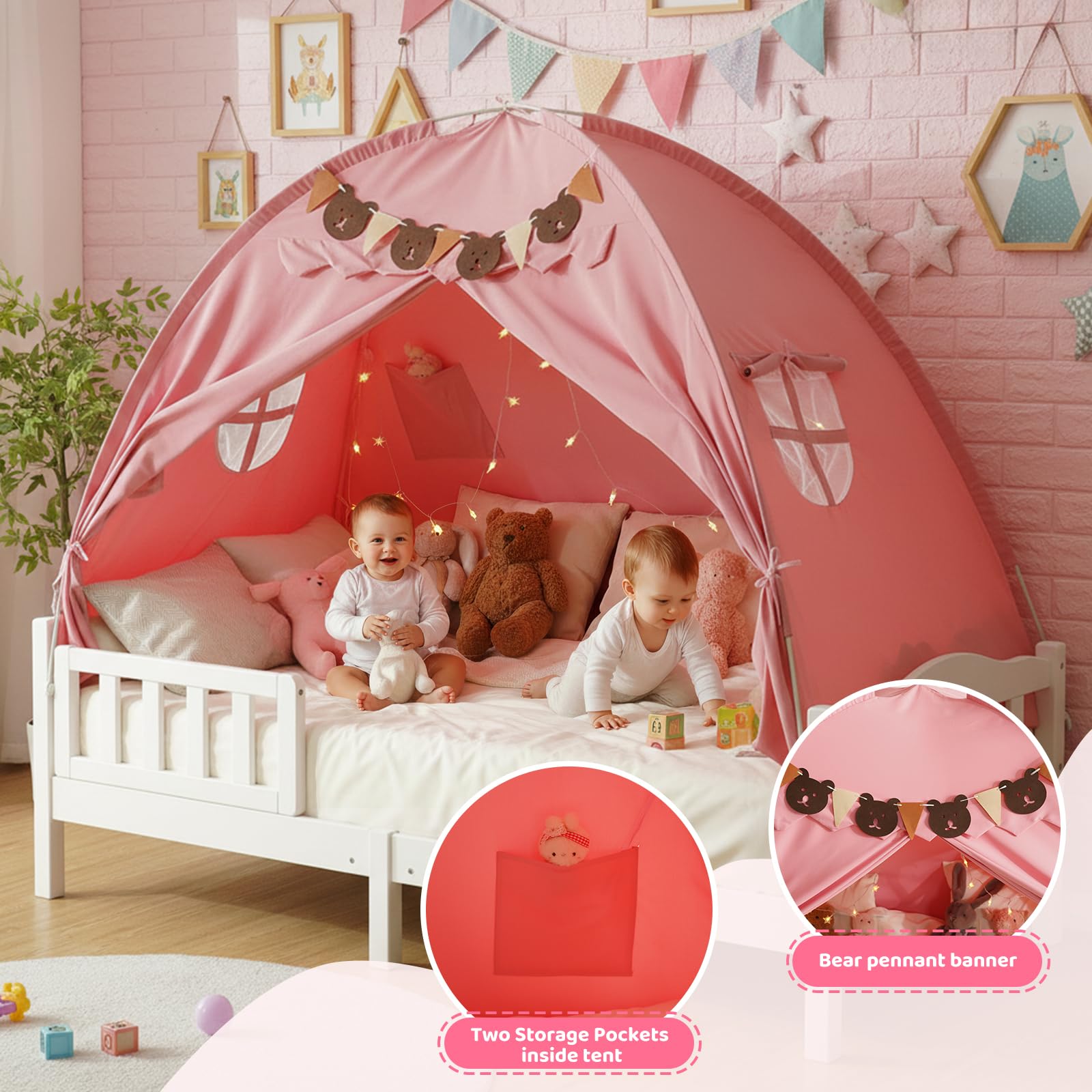 Twin Bed Tent, Bed Canopy Bunk Bed Tent with Stars Light & Flags, Breathable Sleeping Tent, Privacy Space Dream Playhouse for Indoor Bedroom Floor, Portable Foldable Play Tent with Storage Bag, Pink
