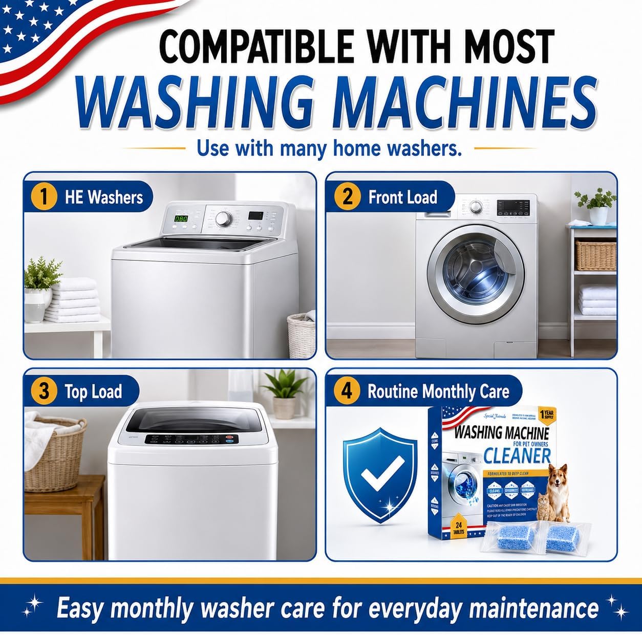 Enzyme Washing Machine Cleaner Tablets for Pet Owners, Deep Clean, Throughly Remove Wash Deodorizer Pet Odor & Hair Residue, for HE Front/Top Load Washers, 24 Count,1 Year Supply