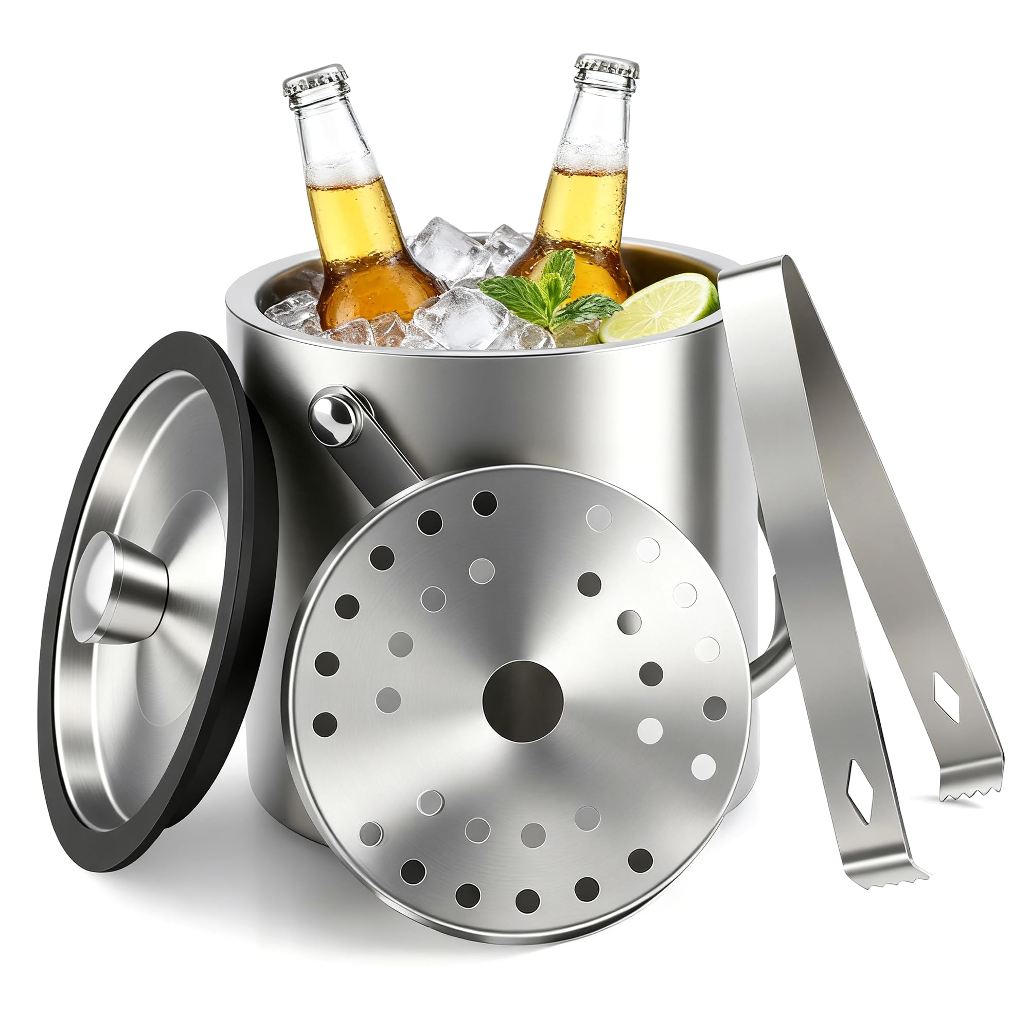 Eiswürfelbehälter Edelstahl, Eiskübel mit Deckel, Eisbehälter für Eiswürfel Eiskübel mit Clips, Sieb und Schaufel, Perfekt zum Abkühlen von Getränken, Ice Cube Tray, Bier, Sektkühler (3L)