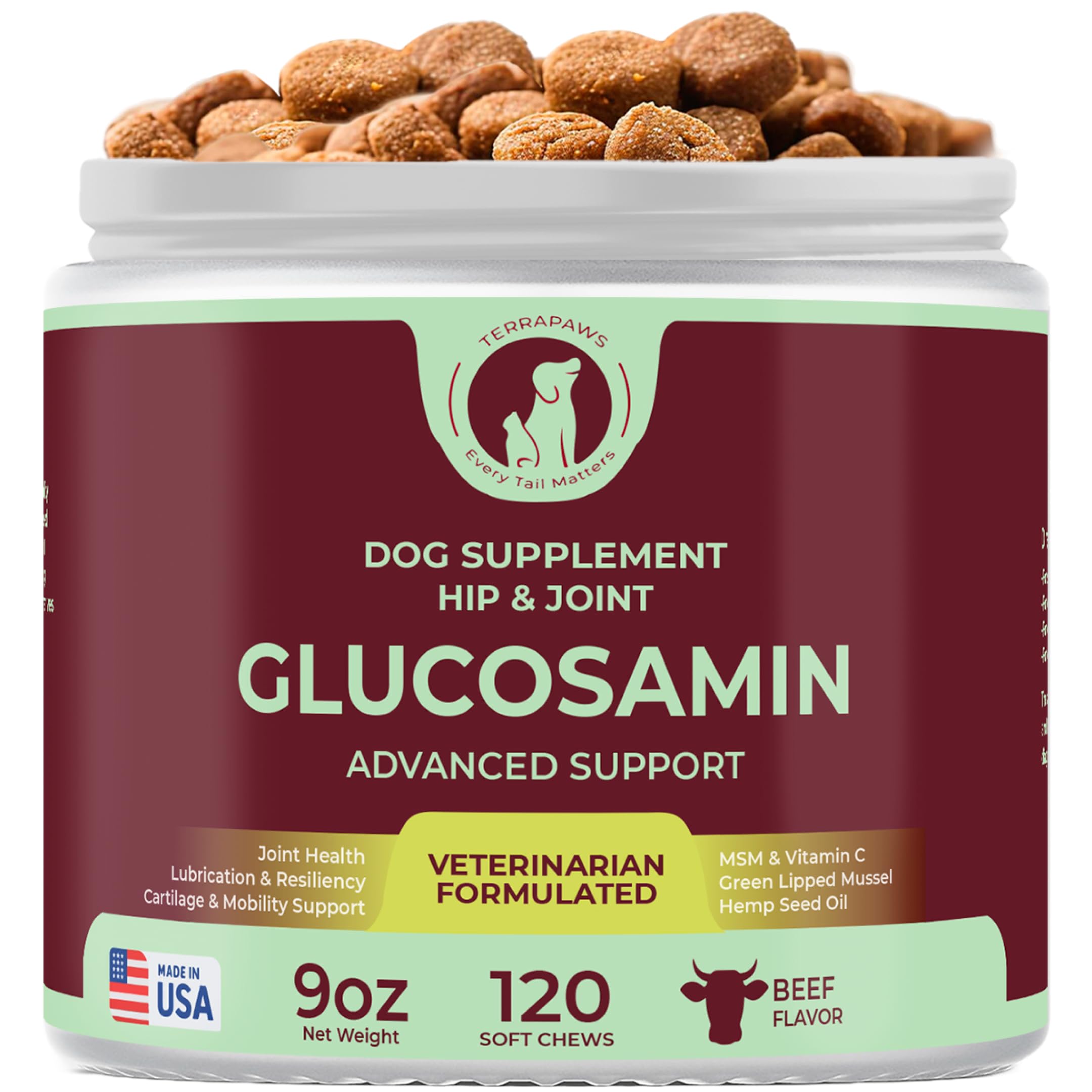 Hip & Joint Supplement for Dogs – Mobility Support with Glucosamine, Chondroitin, MSM, Turmeric, Mussel, Hemp Dog Joint Pain Relief – 120 Soft Chews for Large, Medium, Small Dogs Breeds– Beef Flavor