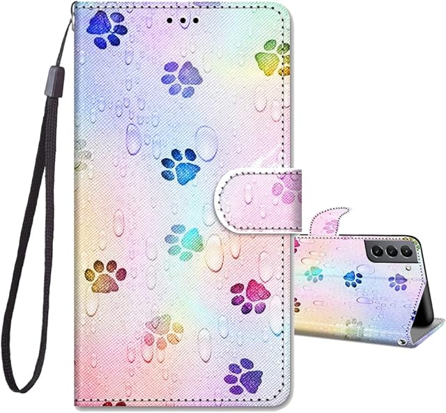 JRIANY For Samsung Galaxy S22 5G Case 6.1-inch, PU Leather Wallet Case with Card Holder Animal Pattern Cute Design Magnetic Shockproof Cover Flip Case Compatible with Samsung S22 5G - Pawprint