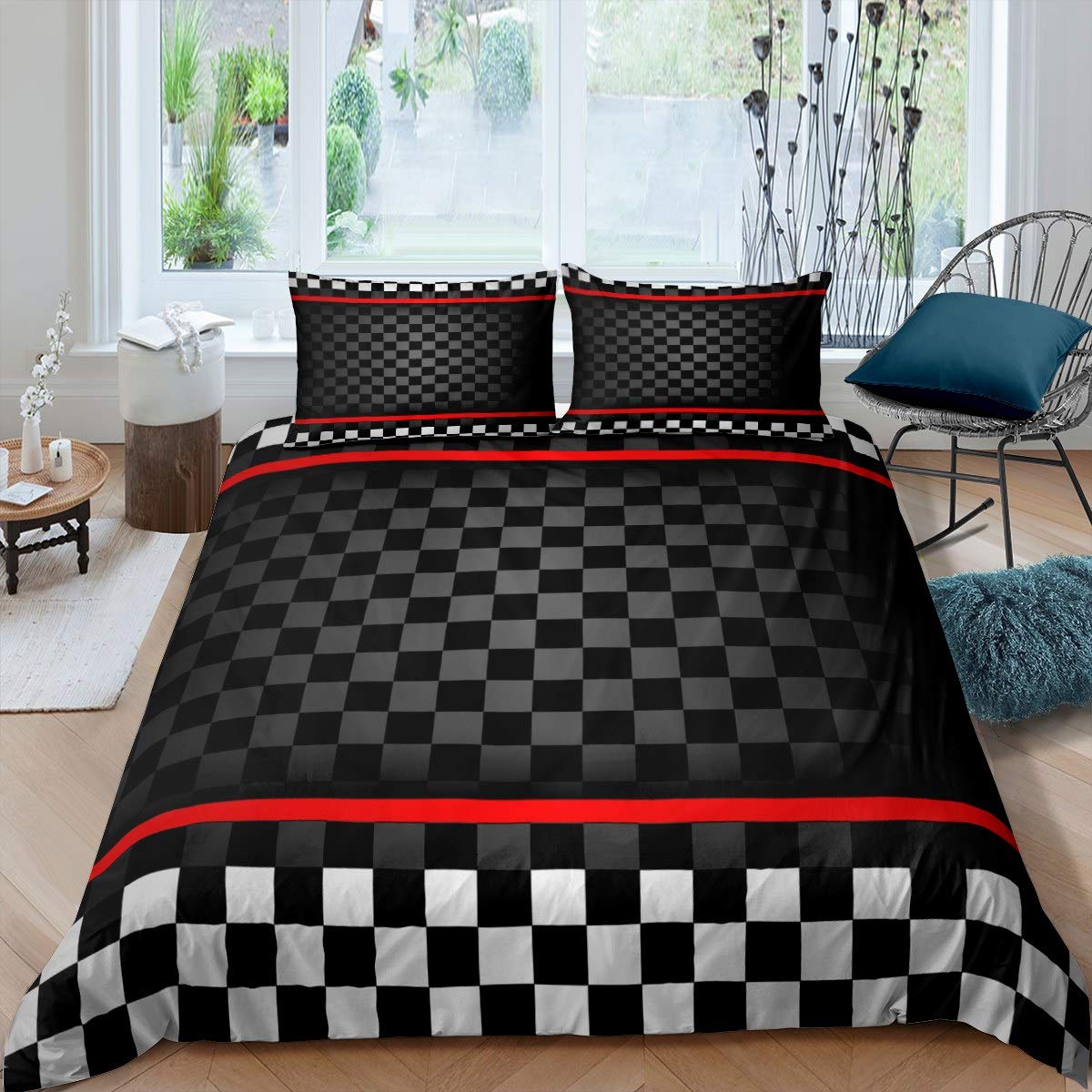 Loussiesd Boys Buffalo Check Duvet Cover Modern Black White Plaid Comforter Cover For Kids Adults Grid Design Bedding Set Red Stripe Bedspread Cover Room Decor Double Size Bedclothes Zipper