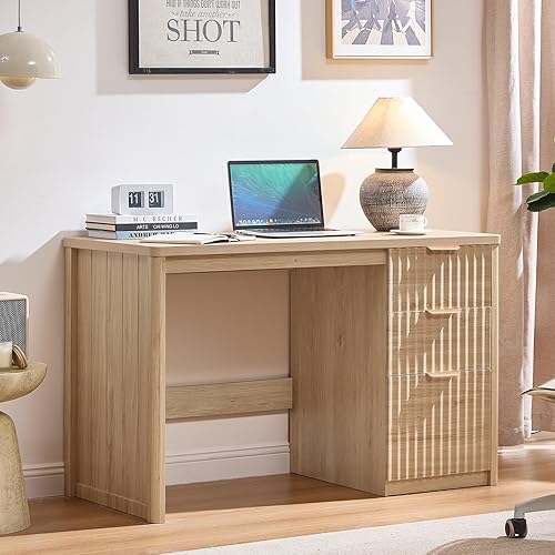 Escritorio ejecutivo moderno acanalado de 48 pulgadas con armario de almacenamiento, escritorio de oficina en casa de madera natural con cajón de