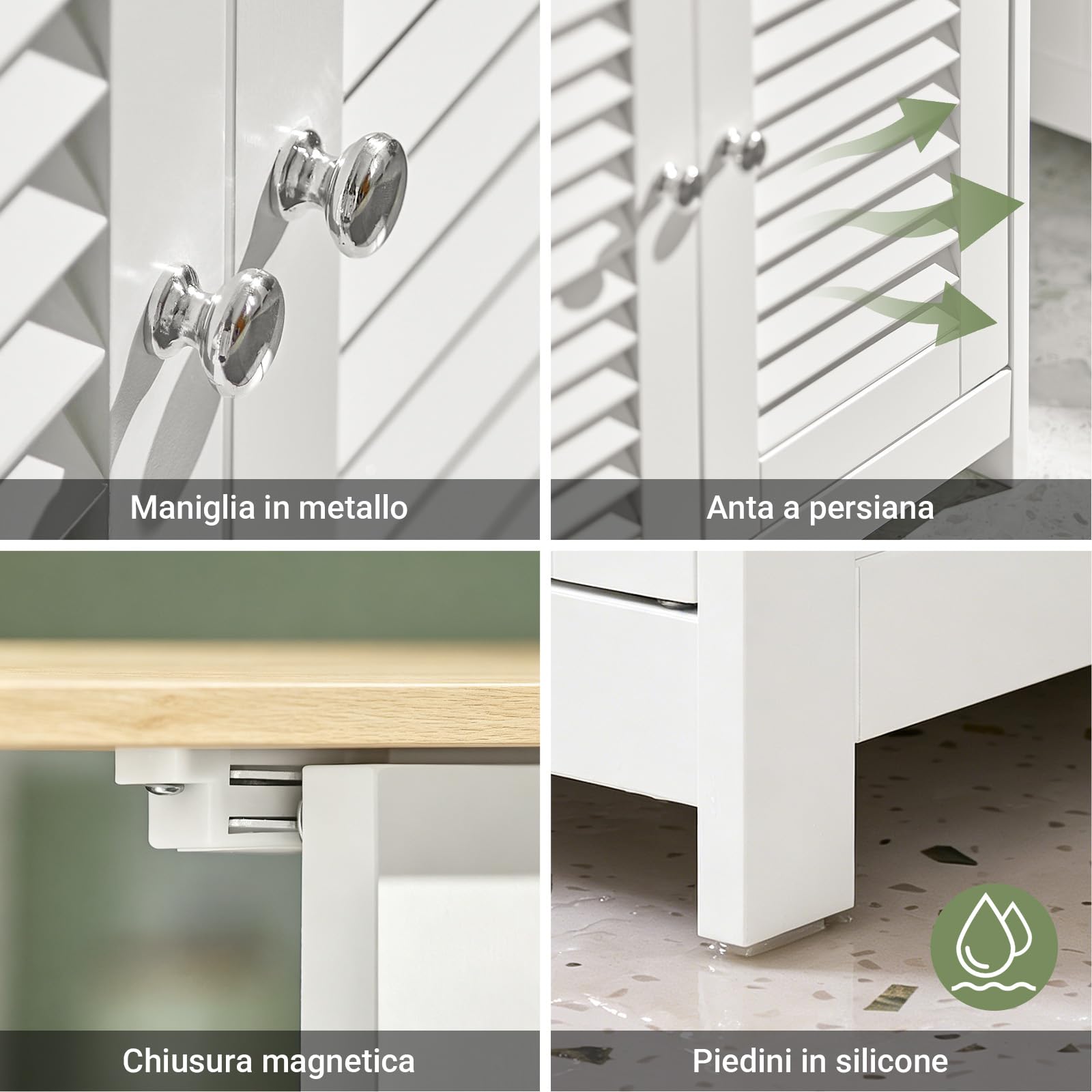 SoBuy Mobile Bagno Salvaspazio Sottolavabo 2 Ante Tapparelle 60x35x59cm | Mobiletto Bagno per Lavabo con Ante In Stile Tapparelle, Bianco-Naturale, L60P35A59cm, FRG237-WN