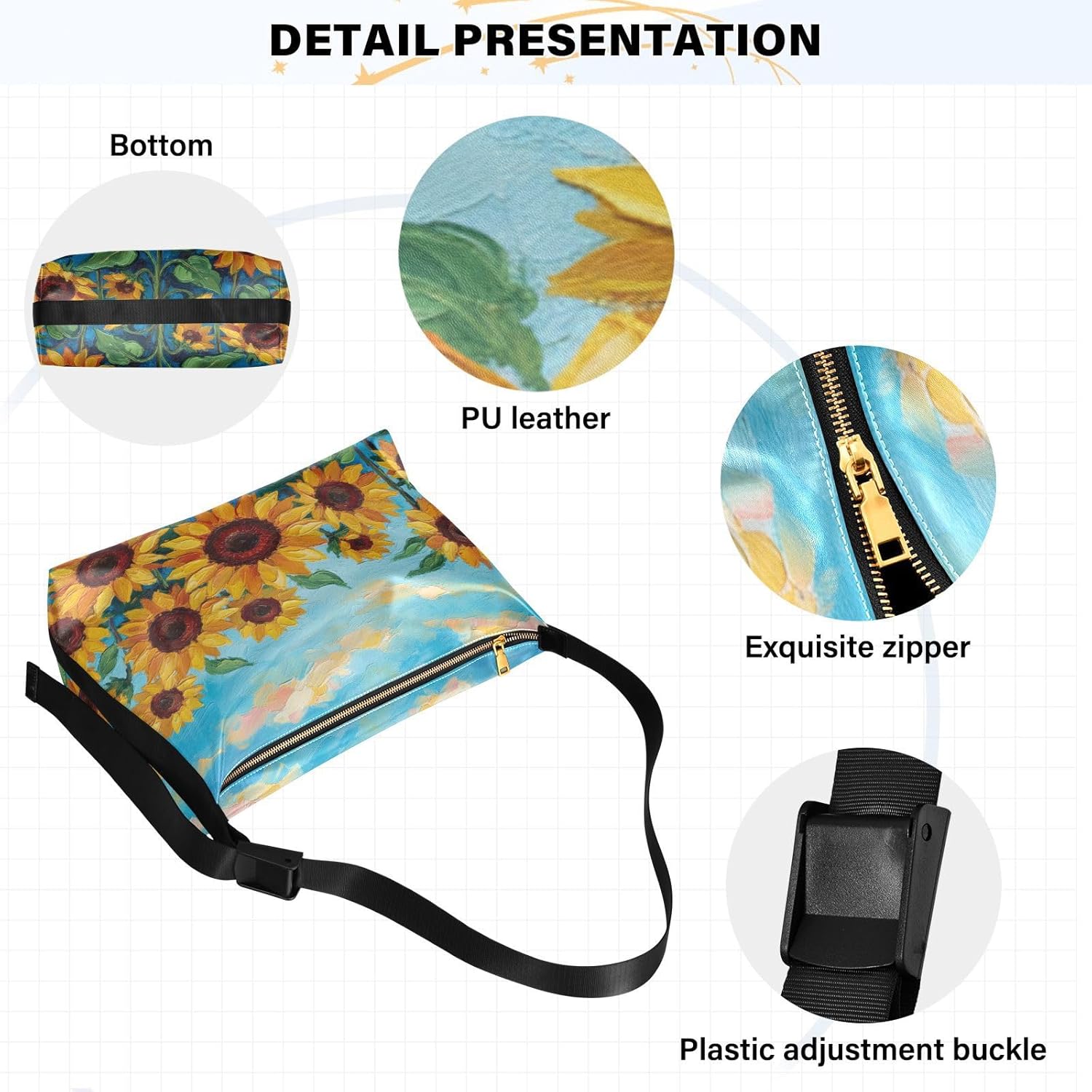 Waterproof Shoulder Handbags Sunflowers Sky Oil Painting Style Leather Crossbody Handbag Casual Tote with Zipper - Image 5