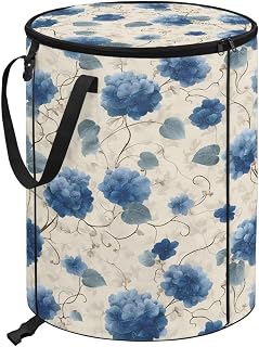 Blue Flower Camping Trash Can Collapsible 20 Gallon Waterproof Outdoor Garbage Can Storage with Lid Lightweight Trash Bags for RV's, Picnic, Recycling, Yard Waste