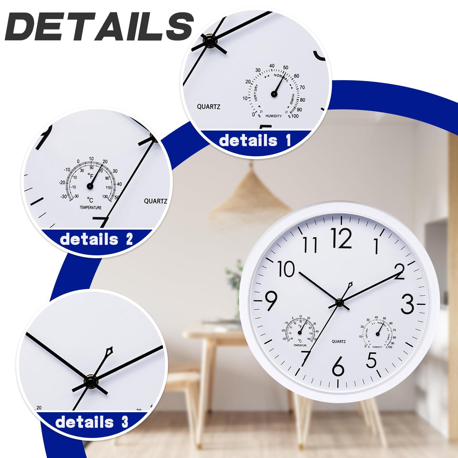 BYZESTY Orologio Da Parete, Orologio Da Giardino, Orologio Da Esterno, Per Interni Ed Esterni, Resistente Alle Intemperie, Con Termometro E Igrometro, Orologio Da Esterno Da 12 Pollici (Bianco)
