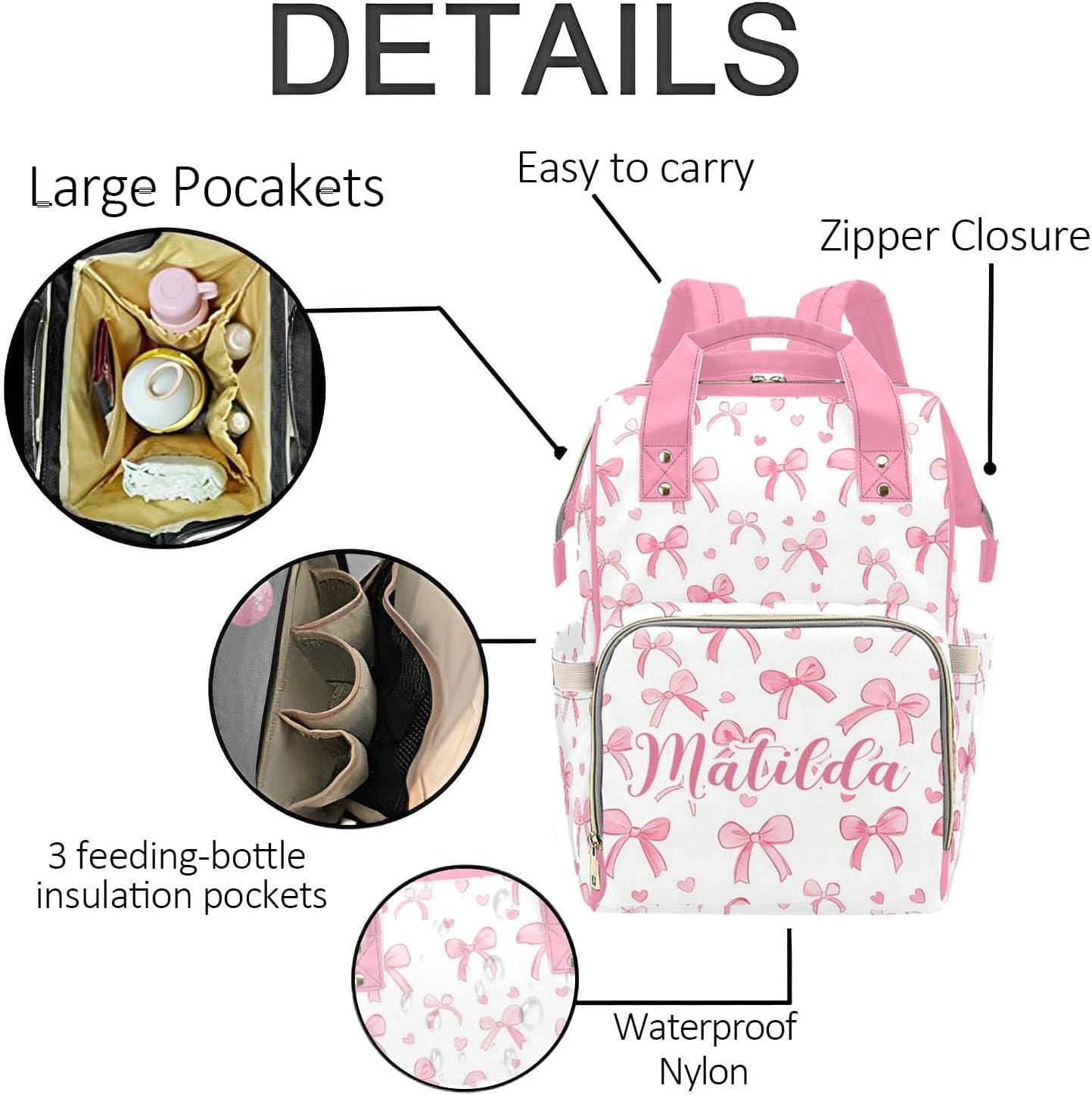 Custom Pink Bow Baby Diaper Baby Bag with Name – Personalized Nursing Travel Tote Backpack for Mom or Dad, Custom Name Baby Daypack Gift