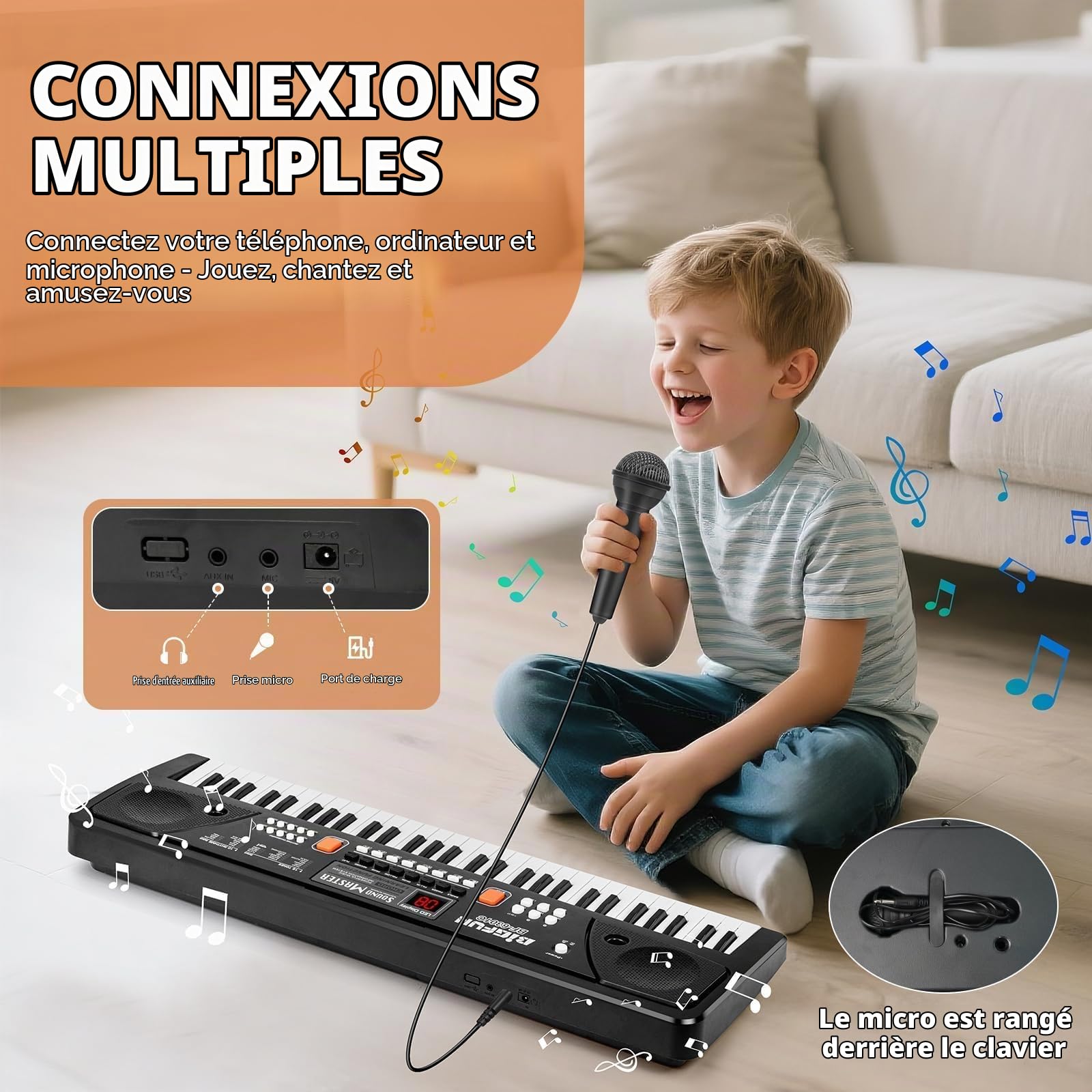 Portable Pianos Claviers 61 Touches Enfants Jouets avec Micro Pupitre, Noir