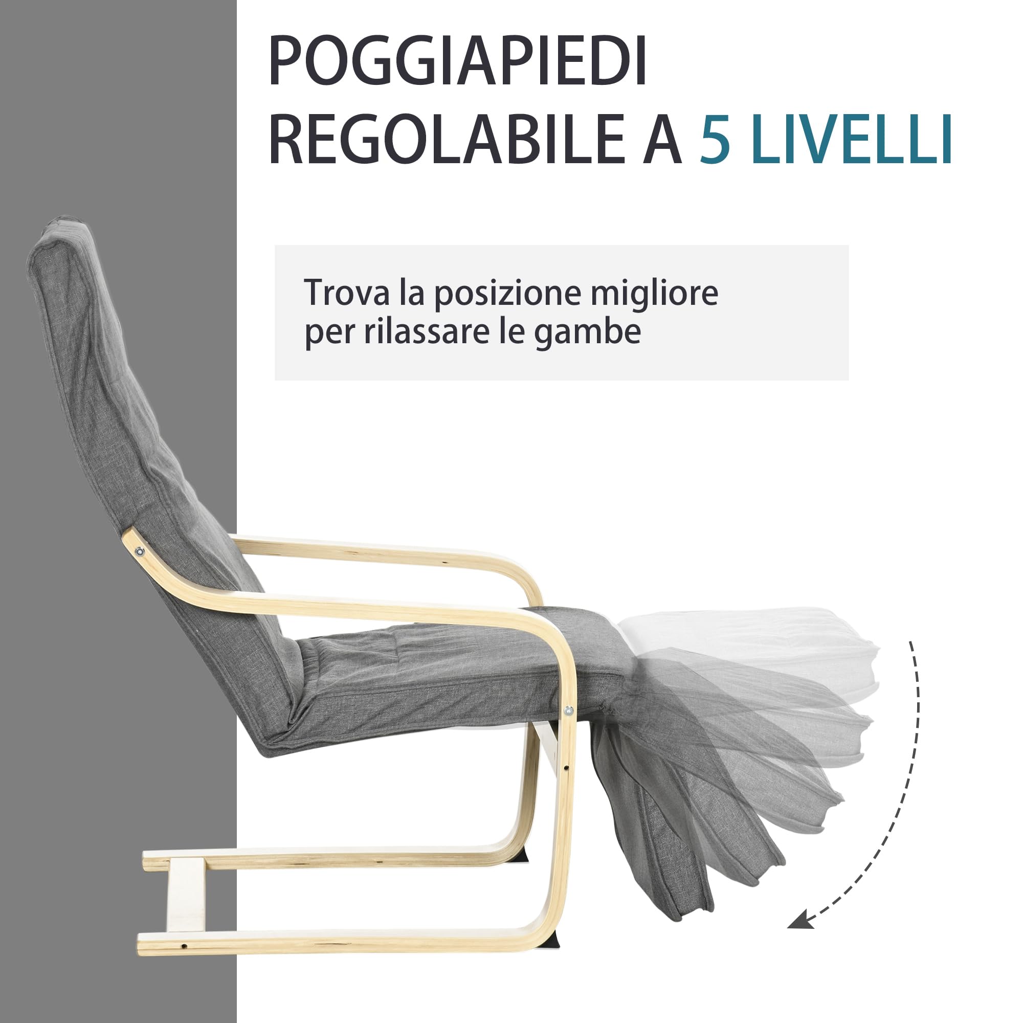 HOMCOM Poltrona Relax in Legno con Poggiapiedi a 5 Livelli e Poggiatesta, Poltrona Ergonomica in Legno di Betulla e Tessuto, 66,5x94x100 cm, Grigio
