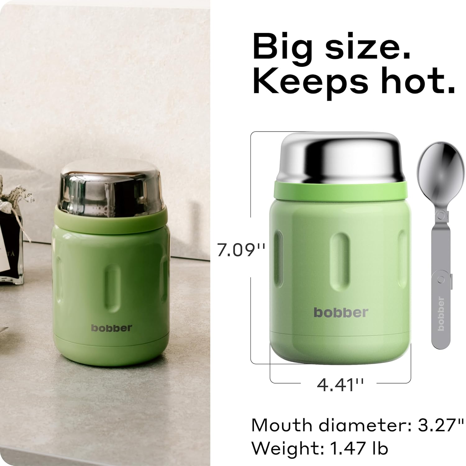 BOBBER 24 oz Insulated Stainless Steel Thermo Jar for Hot Food, Extra-Wide Mouth Soup Container with Spoon and Bowl - Keeps Rice and Pasta Hot for 14 Hours and Salads Cold for 20 Hours (Green) - Image 6