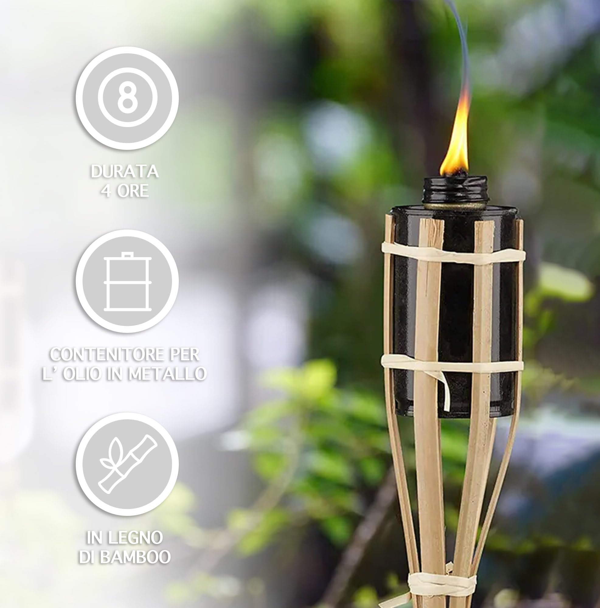 IlGruppone Set 8/12 Pezzi Torcia Grande da Giardino in bambù XXL Olio Contenitore in Metallo 90/120/150 Cm Lampada Candela con Stoppino Fiaccola Torcie Esterno Feste Eventi - 8 Pezzi 150 Cm