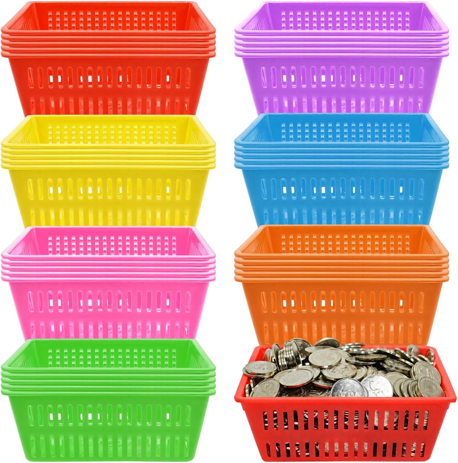Quality Plastic Classroom Storage Baskets, Multi-Color Rectangle Design, Stackable for Space Saving, Ideal for Organizing Books and Small Items, 36-Piece Set