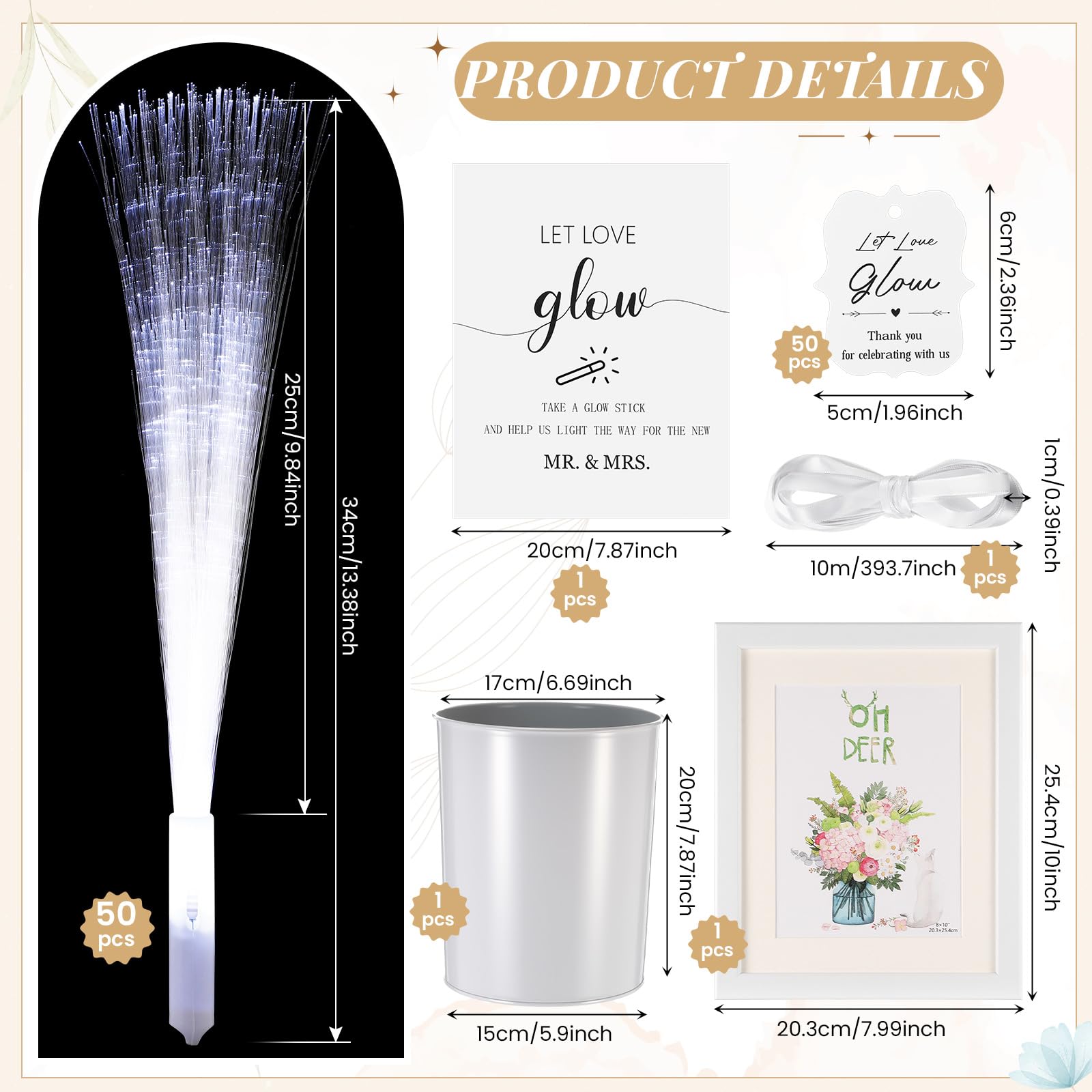 Aurelema 50 Pcs White Fiber Optic Wands with Metal Bucket Glow Sticks LED Wedding Sparklers Bulk with 50 Cards a Photo Frame a Roll of Ribbon for Wedding Bridal Shower Birthday Valentine's Gift