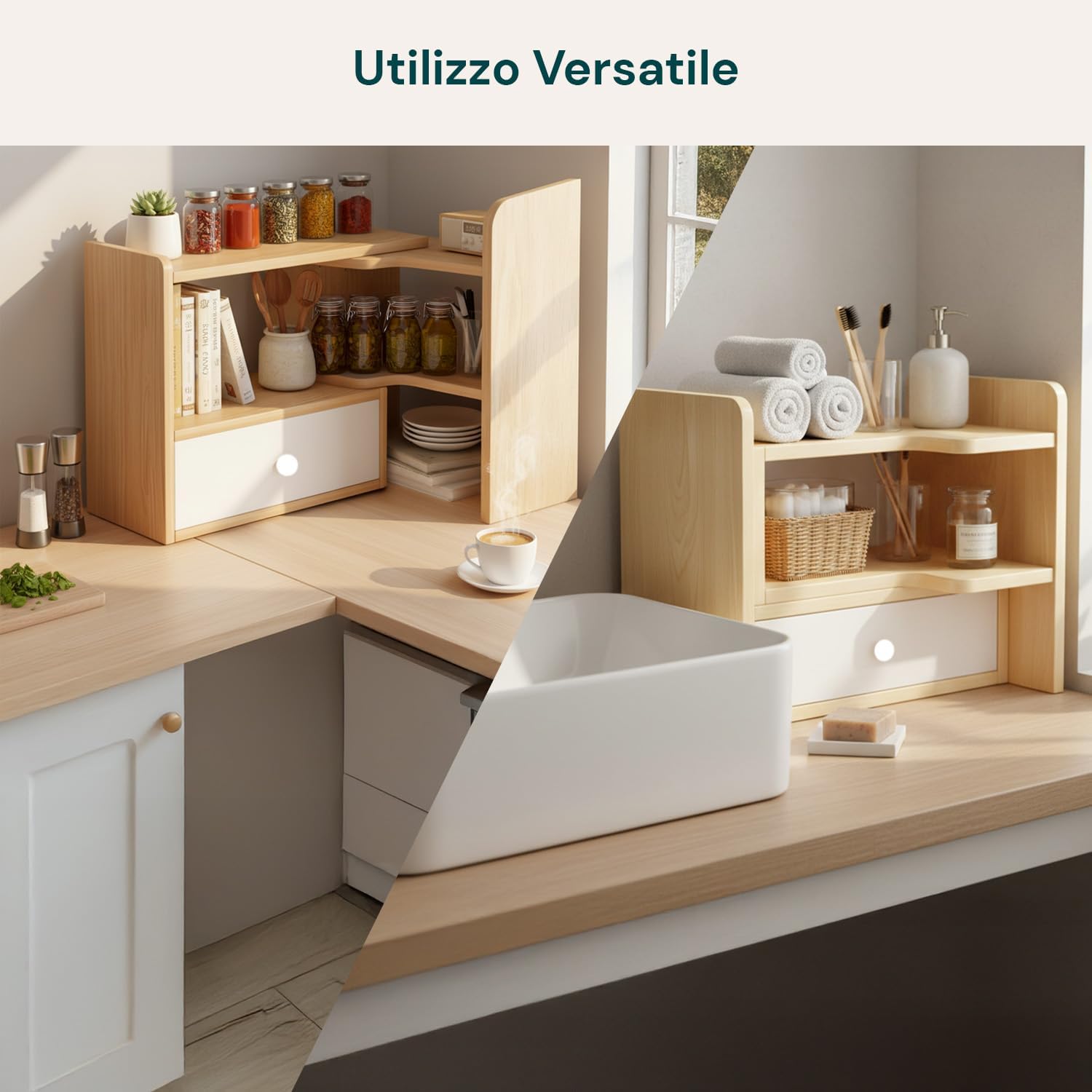 Wintem - Organizer Porta Libri da Scrivania Salvaspazio in Legno con 5 Scomparti e 1 Cassetto Estensibile, Libreria da Scrivania, Design Modulabile Facile da Montare e Resistente