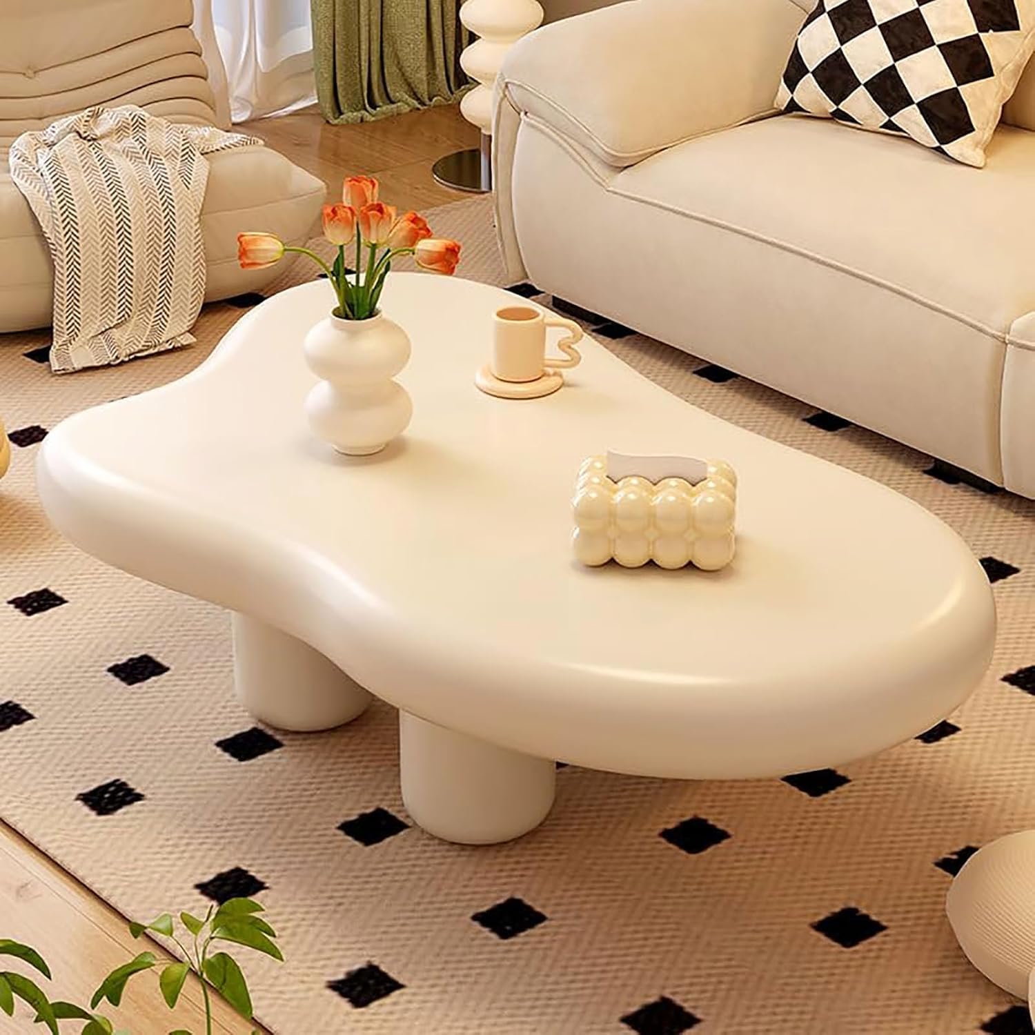 Table basse nuage blanche en bois à structure basse à 3 pieds robustes