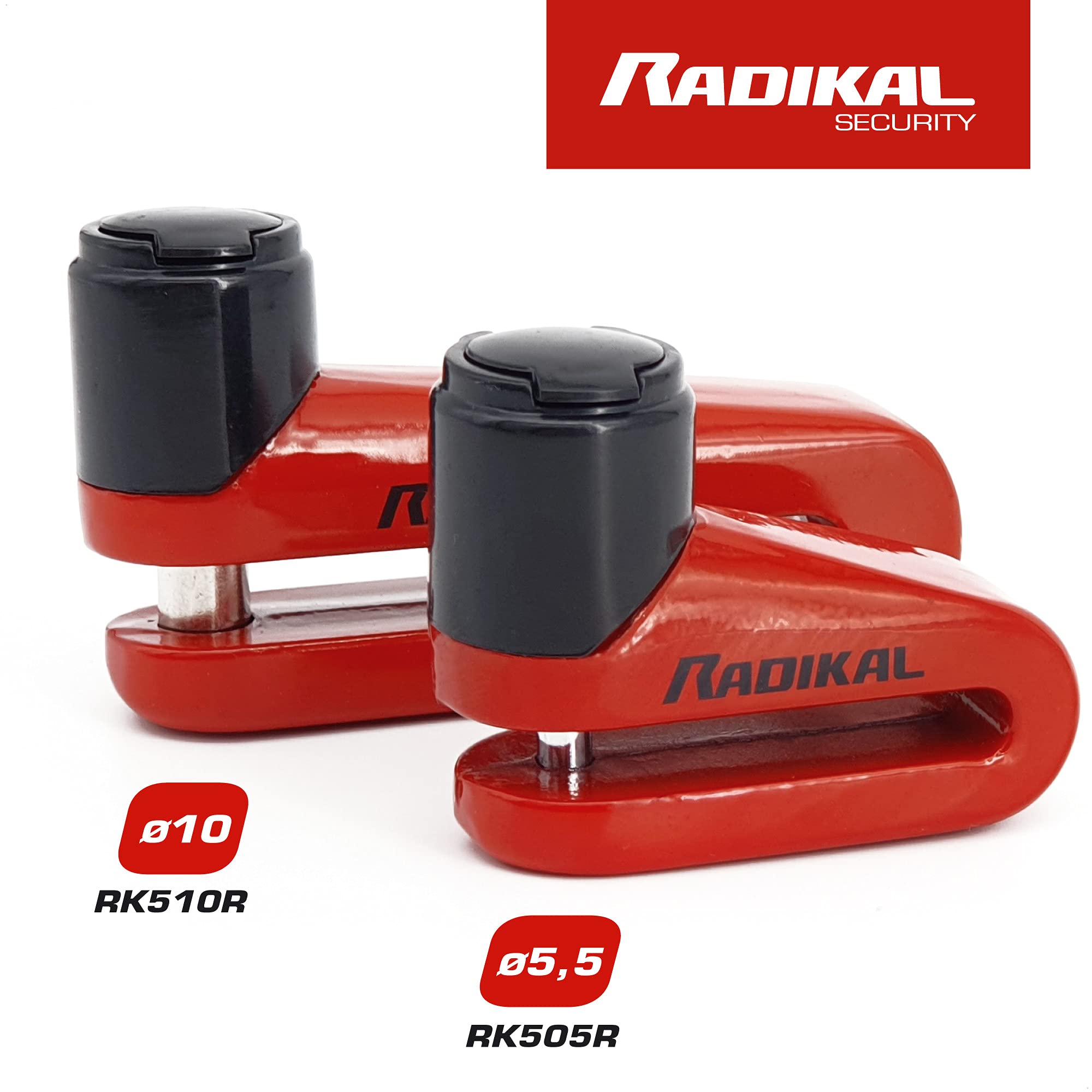 RADIKAL RK505R Candado Moto Disco, Más Compacto, Ligero y Portátil, Color Rojo Más Disuasorio,Cierre de Acero ø5,5mm, Antirrobo Bloqueo Pinza Disco Freno Moto, Bicicleta, Patinete Electrico
