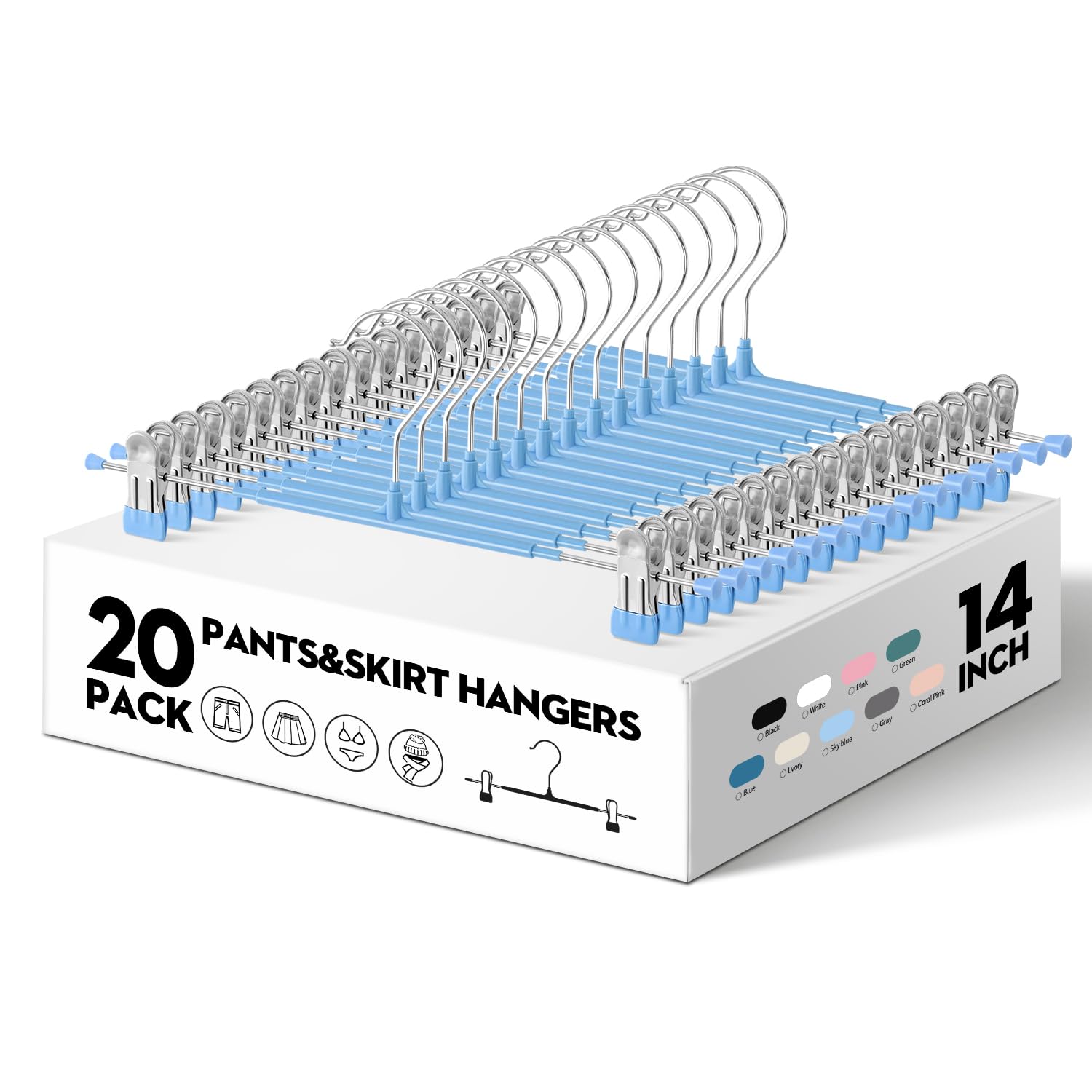 Confezione da 20 grucce per pantaloni da 35,5 cm, con clip, regolabili, in metallo, antiscivolo, resistenti, salvaspazio, per pantaloncini, jeans, blu cielo