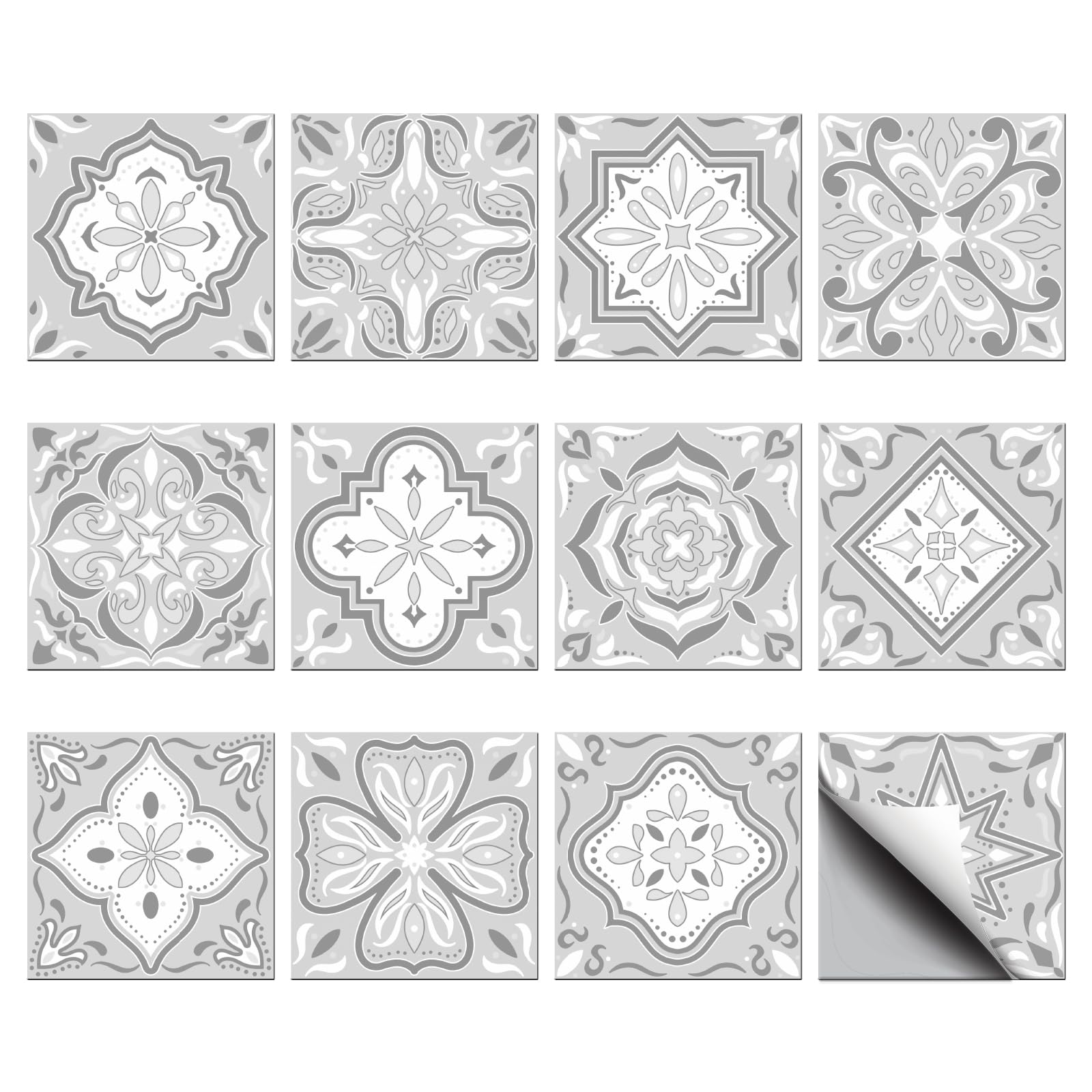 CHGCRAFT 36pcs 12 Styles Gray Mandala Peel and Stick Tile Stickers Waterproof Tile Stickers Square with Flower Pattern for Kitchen Bathroom Bedroom Wall Fireplace Floor Decoration, 3.94×3.94inch