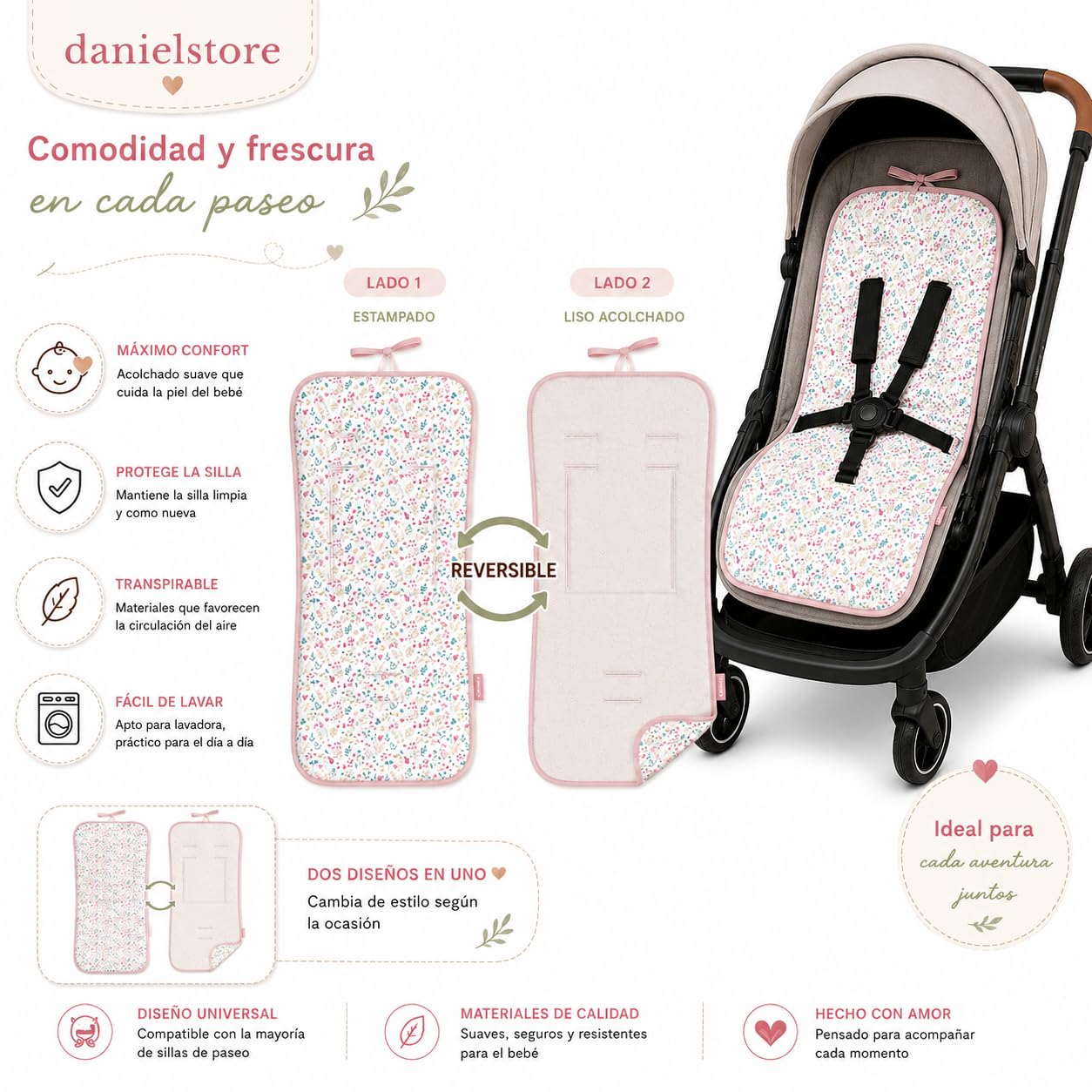 Danielstore Colchoneta Silla Paseo Universal | 80x39cm, 100% algodón | Reversible, transpirable, adaptable, fácil de colocar | Comodidad y protección para bebé