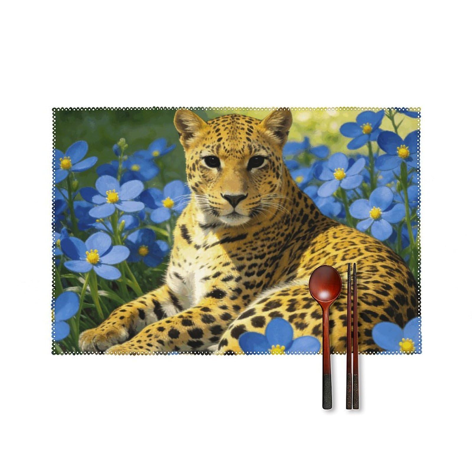Leopard Blue Flowers Placemats Set of 6, 12x18 Inch Heat Resistant Washable Canvas Table Mats, Stain Resistant Decorative Dining Placemats for Kitchen, Restaurant, Outdoor Party