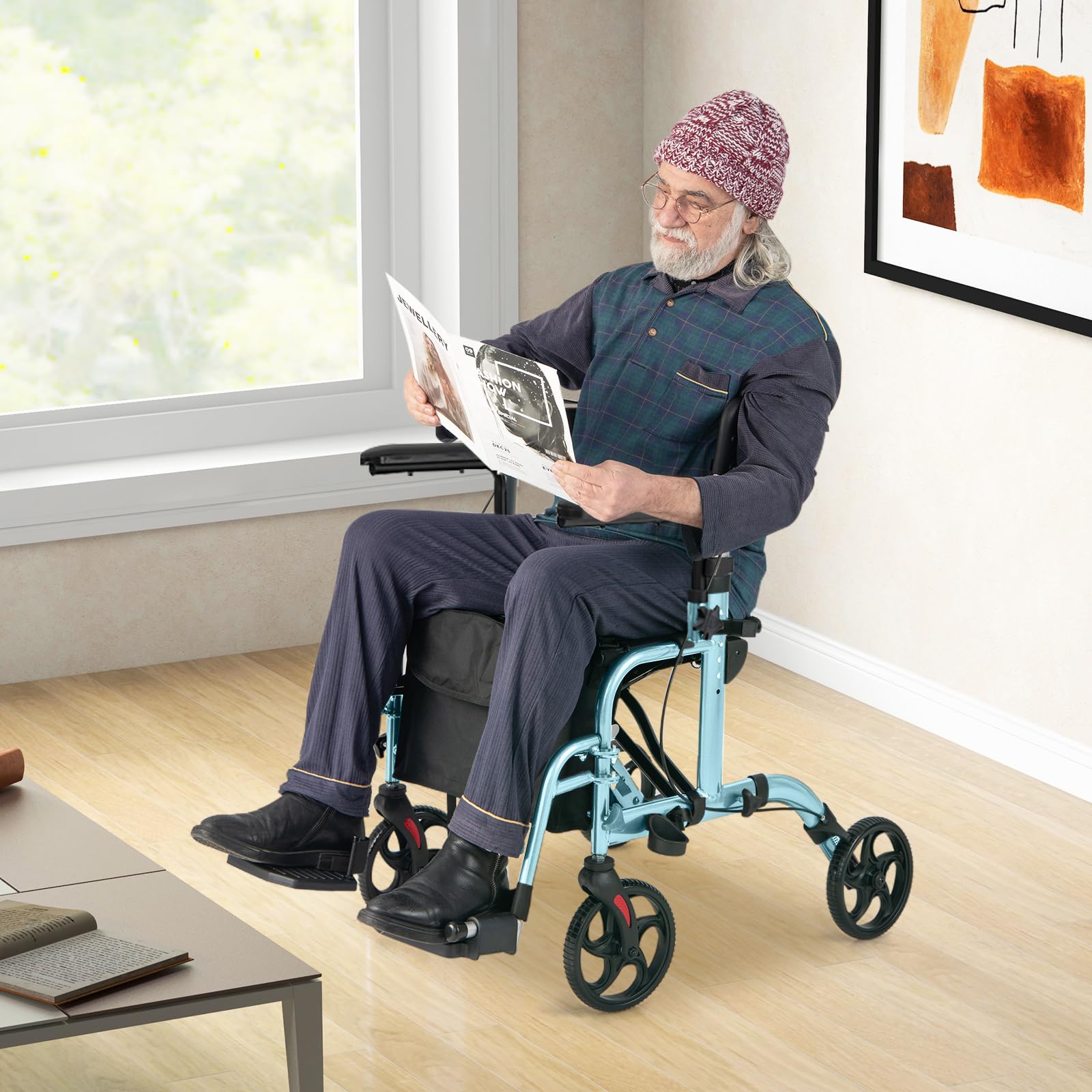 GOPLUS Andador con Ruedas de Aluminio 2 en 1, Andador Plegable con Cuatro Ruedas y Respaldo, Asas Ajustables con Frenos, Reposapiés, Soporte para Bastón, Ayudante para Personas Mayores (Azul)