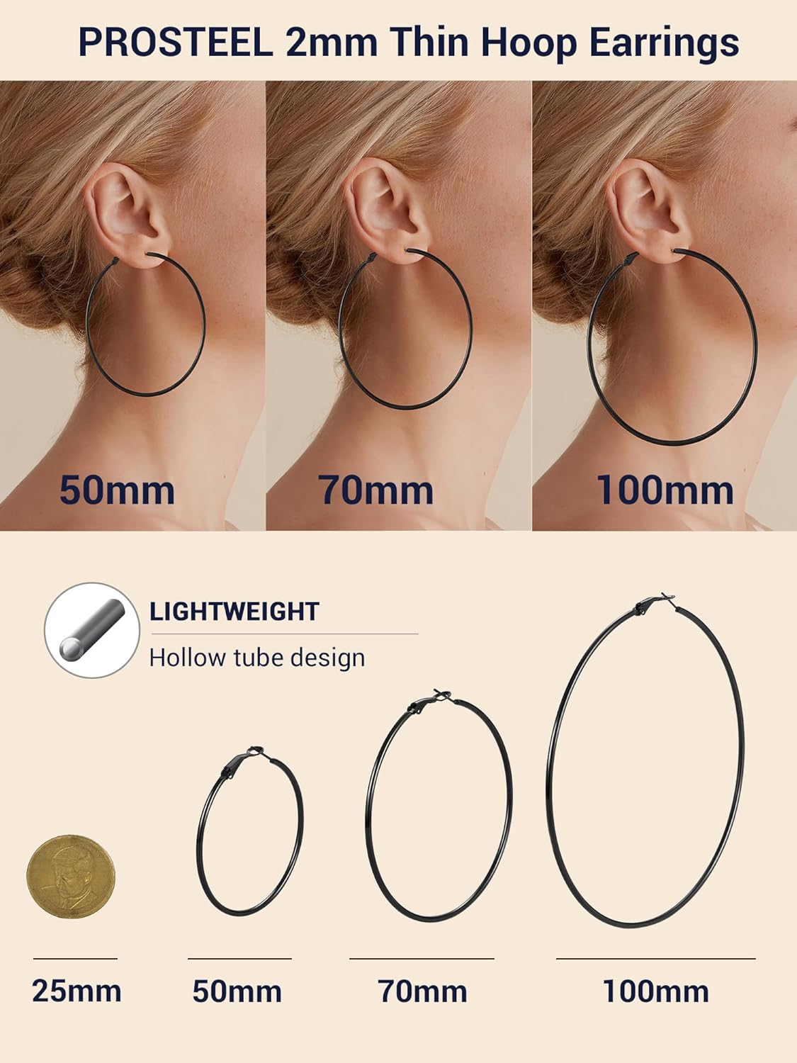 PROSTEEL Chunky Hoop Earrings for Women, 316L Stainless Steel Large Hoop, Minimalist And Chic Jewelry, 14K Gold/Silver/Black, Hypoallergenic for Sensitive Skin, Size: 20~100mm, Come with Box - Image 4