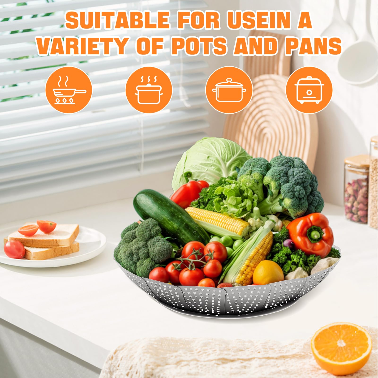 Cesta Vaporera Plegable de Acero Inoxidable, Inserto de Vapor Ajustable para Ollas, Extensible para Cocinar Pescados, Mariscos y Verduras - Ideal para Vaporizar en Casa