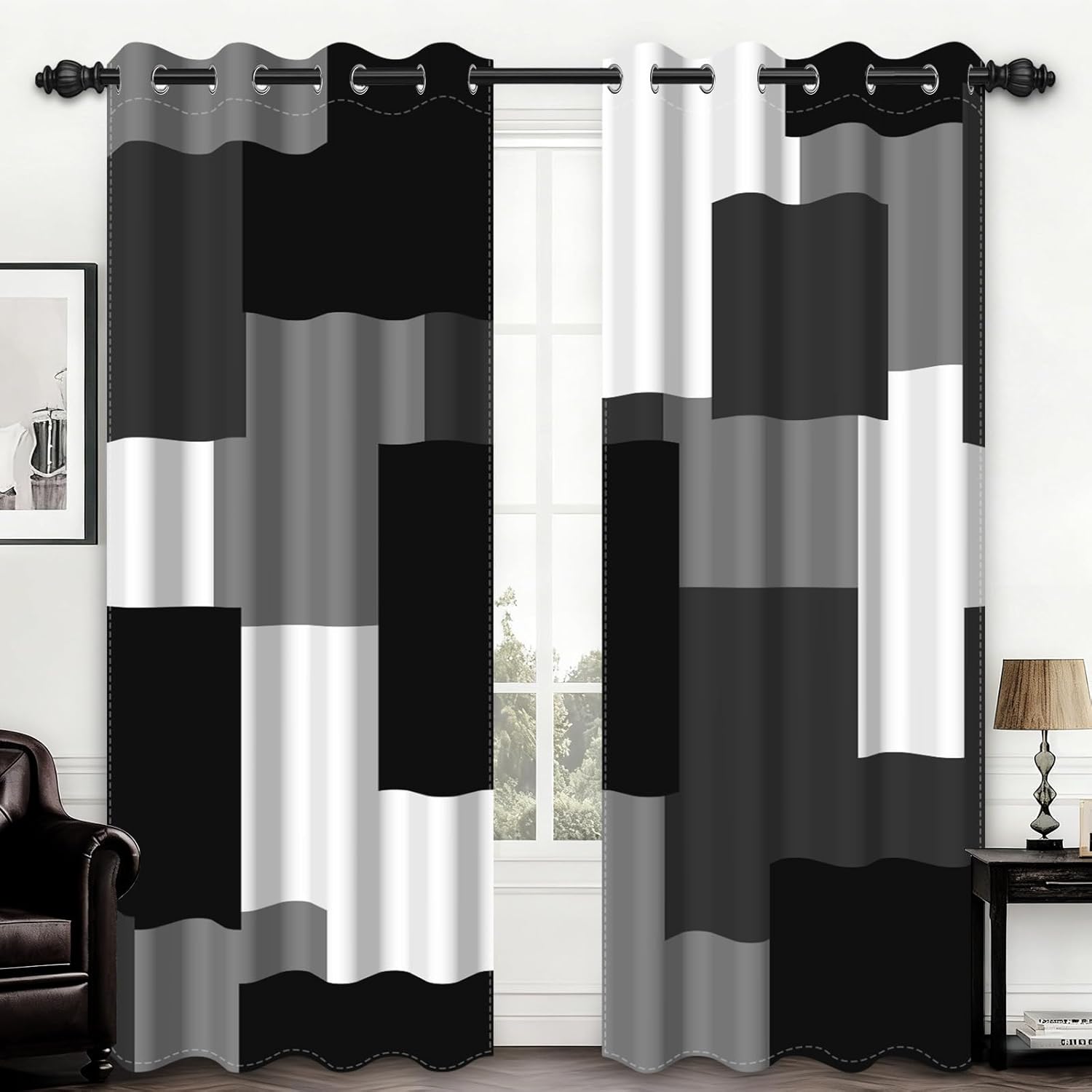 95% Blackout Curtains for Bedroom 96 Inch Long 2 Panels Set Black Grey White Modern Abstract Geometric Black Out Curtains Insulated Room Darkening Window Drapes for Living Room, 52Wx96L