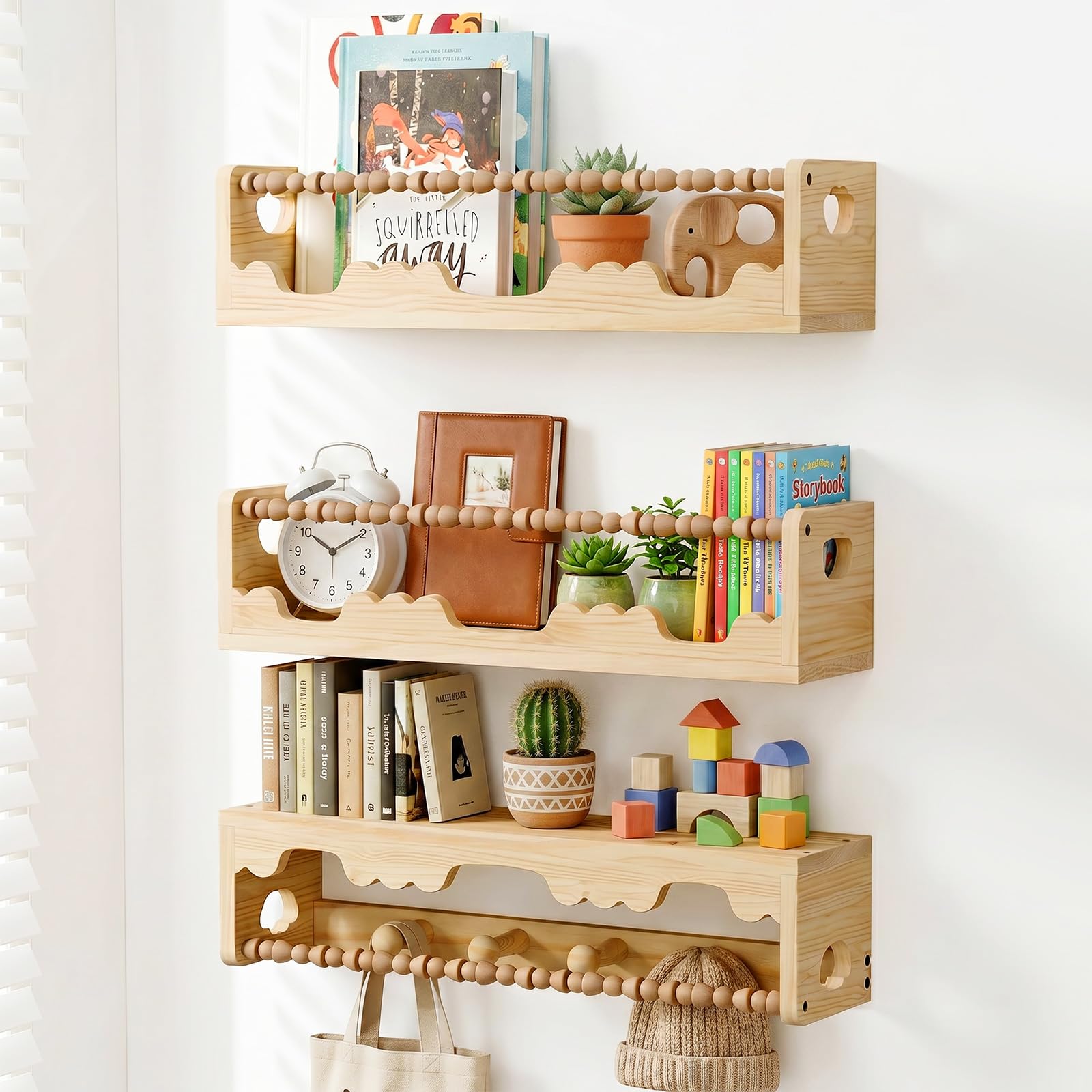 Nursery Shelves Kids Bookshelf - 40cm Set of 3 Floating Book Shelf for Wall, Kids Shelves for Bedroom Nursery Decor, Wall Mounted Children's Bookshelf Toy Display, Wooden Bookshelves for Kindergarten