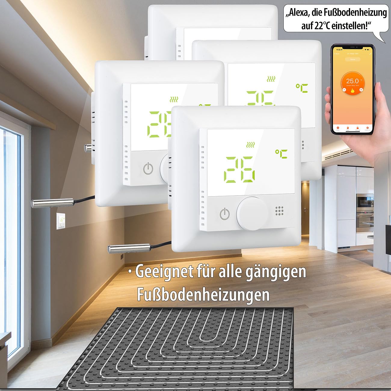 revolt Thermostat Elesion: 4er-Set WLAN-Fußbodenheizungs-Thermostat. Sprachsteuerung, App, weiß (Raumthermostat Fußbodenheizung, Raum-Thermostat, Infrarotheizung)
