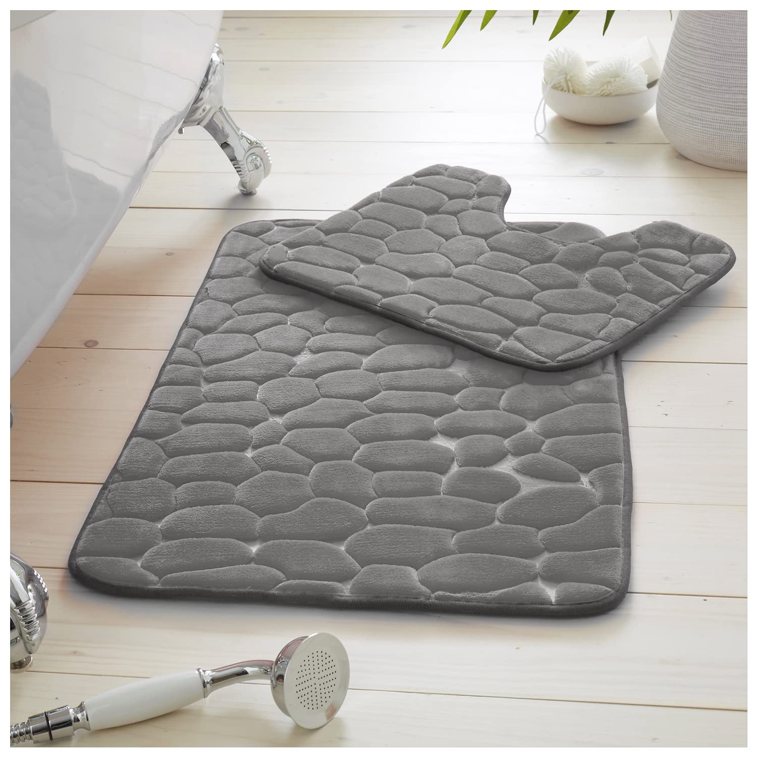 GC GAVENO CAVAILIA Super Soft 2 Piece Pebble Bath Mat Non Slip Toilet Rug, Highly Absorbent Bathroom Mat, Charcoal, (50X80, 50X40), 722830