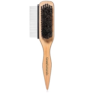 GranNaturals Boar Bristle Slick Back Hair Brush w/ Comb for Smoothing Sleek Ponytail Bun - Wide Rat Tail & Metal Comb Hairbrush for Parting, Teasing, Backcombing, Sectioning, Edge Control, Flyaways