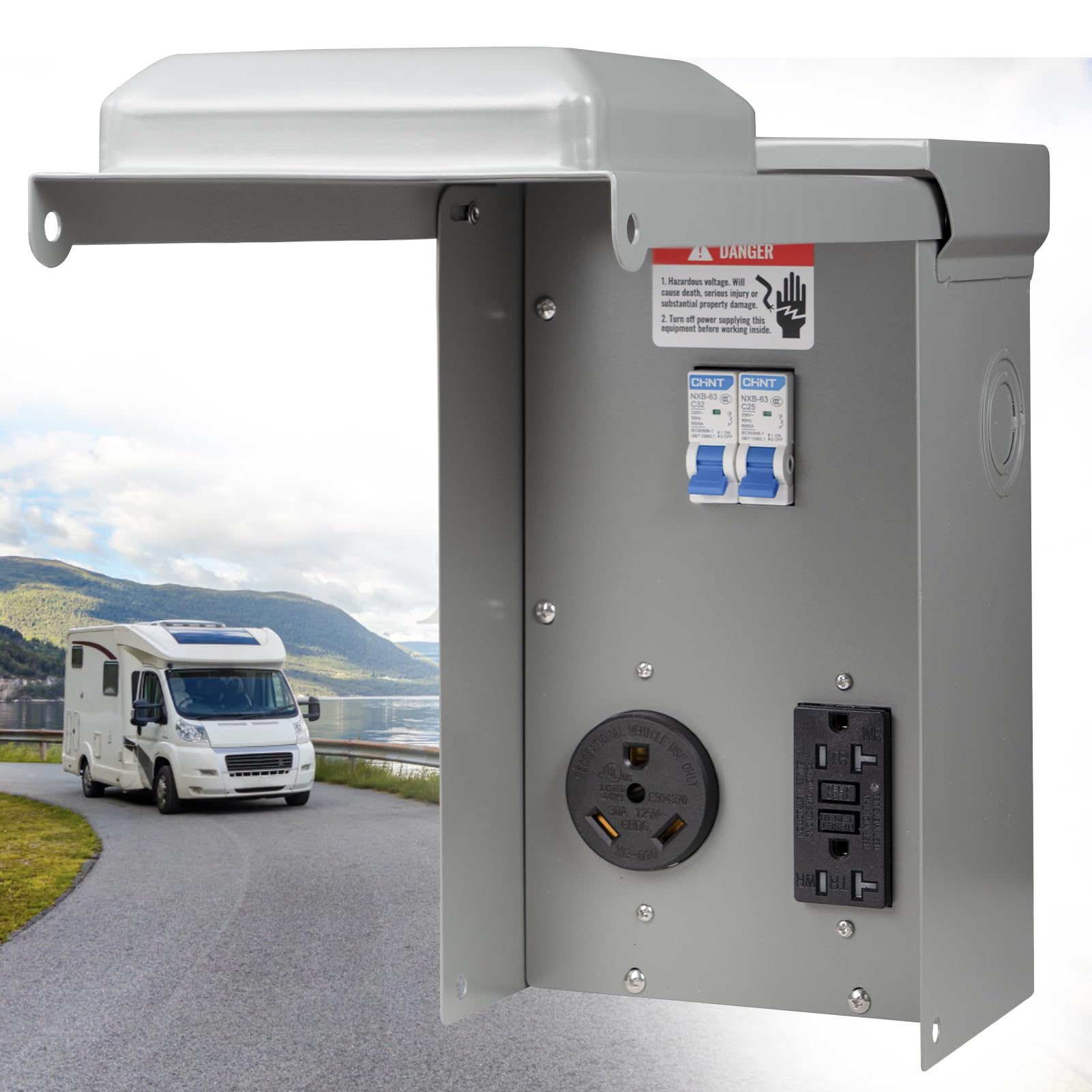 30 Amp RV Outlet Box, RV Electrical Panel with UL Listed 30 amp+GFCI 20 amp Receptacle Installed, Temporary Power Outlet Panel Prewired Unmetered, Weatherproof