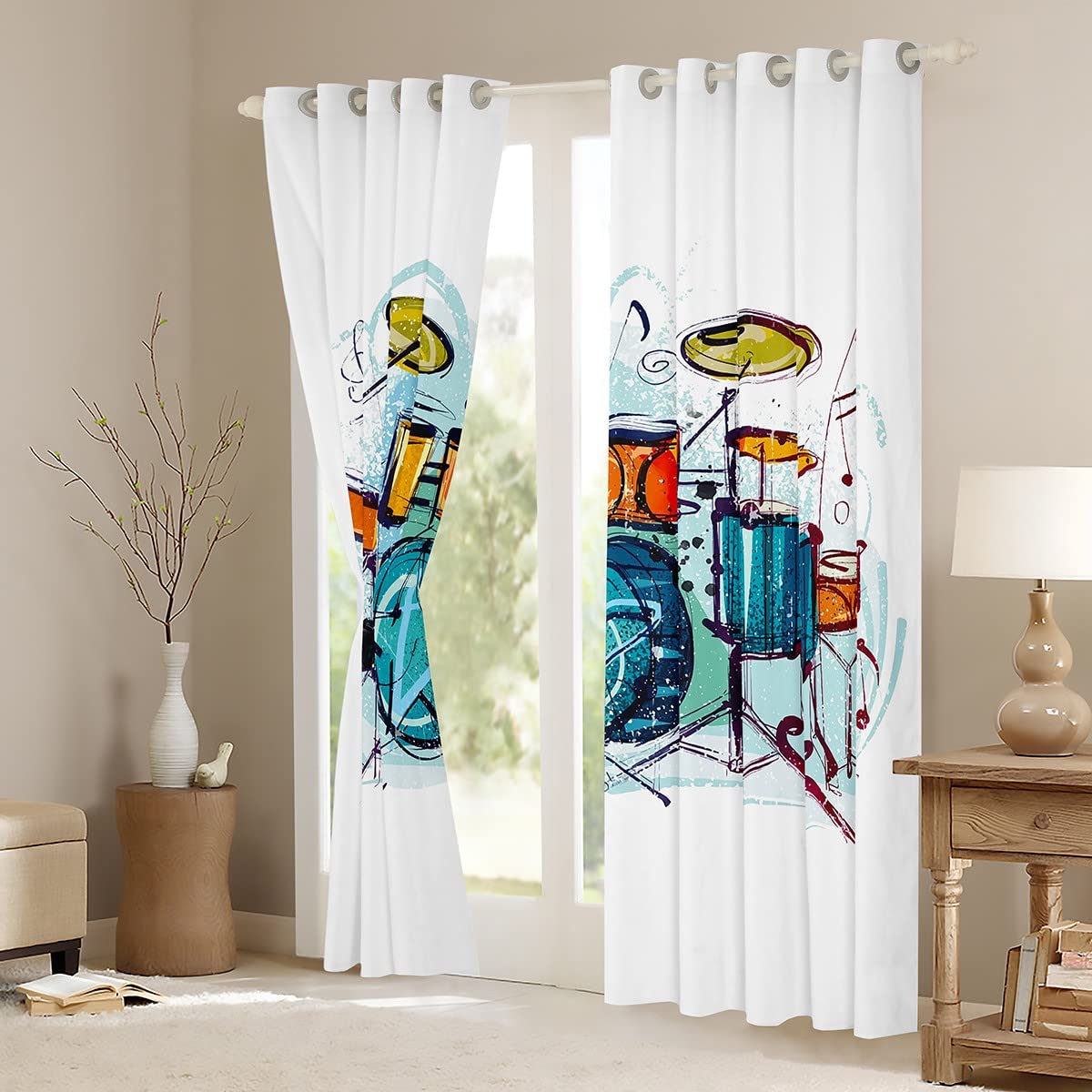 Rock Music Dreapes Set di tende per camera da letto, bambini, ragazze, adolescenti, strumento musicale tende oscuranti (30% -50%) Hip Hop colorato bianco finestra trattamenti W52 x L90