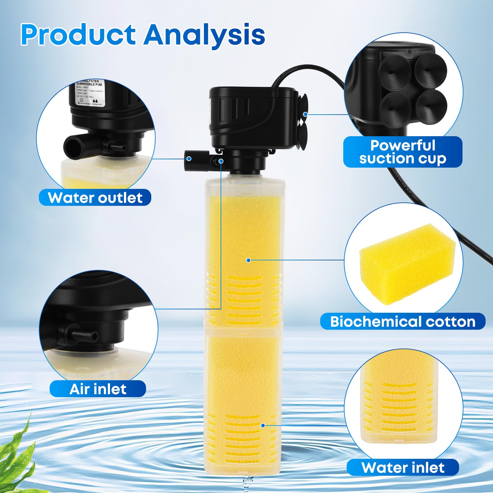 Filtre d'aquarium de 320 GPH pour aquarium de 40 à 500 litres, filtre interne submersible 4 en 1 avec filtration biochimique, pompe à eau puissante, alimentation en air et machine à vagues