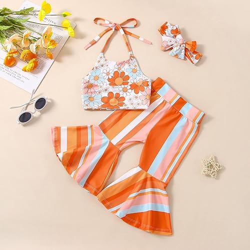 Miniatura 3 de MoZiKQin Ropa bohemia sin mangas para bebé niña pequeña camiseta corta con cuello halter floral y pantalones acampanados lindos trajes de verano