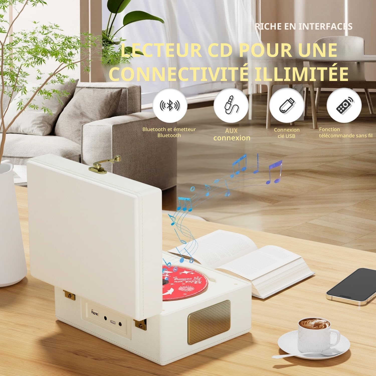Lecteur CD en Cuir Rechargeable avec Haut-parleurs, transmetteur Bluetooth, Cadeau Festival, Lecteur BGM pour décoration d'intérieur