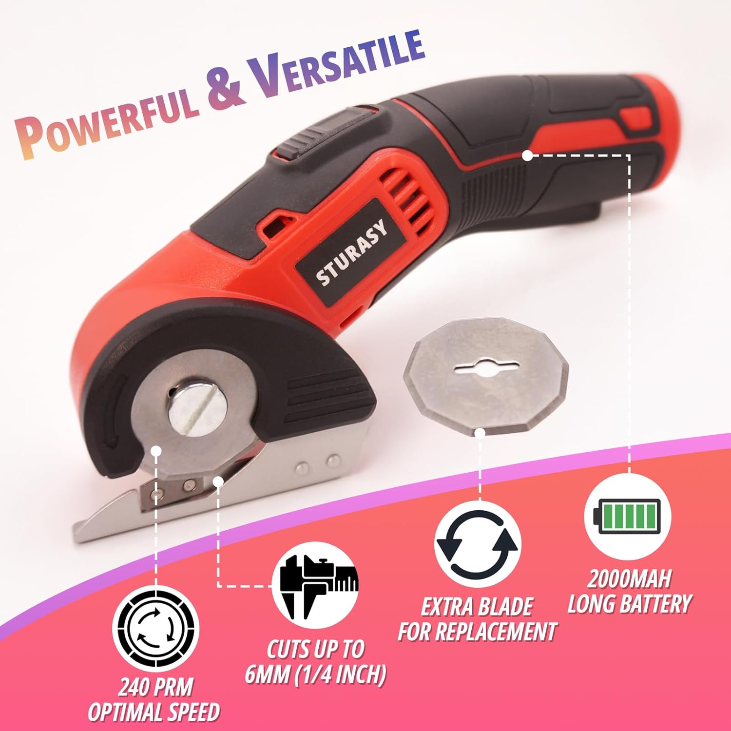 Cardboard Cutter with Safety Lock, Red Cordless Electric Scissors Two Blades, Rechargeable 4V 2000mAh Electric Rotary Cutter for Cardboard, Fabric, Carpet, Leather, Paper, Plastic, Packages