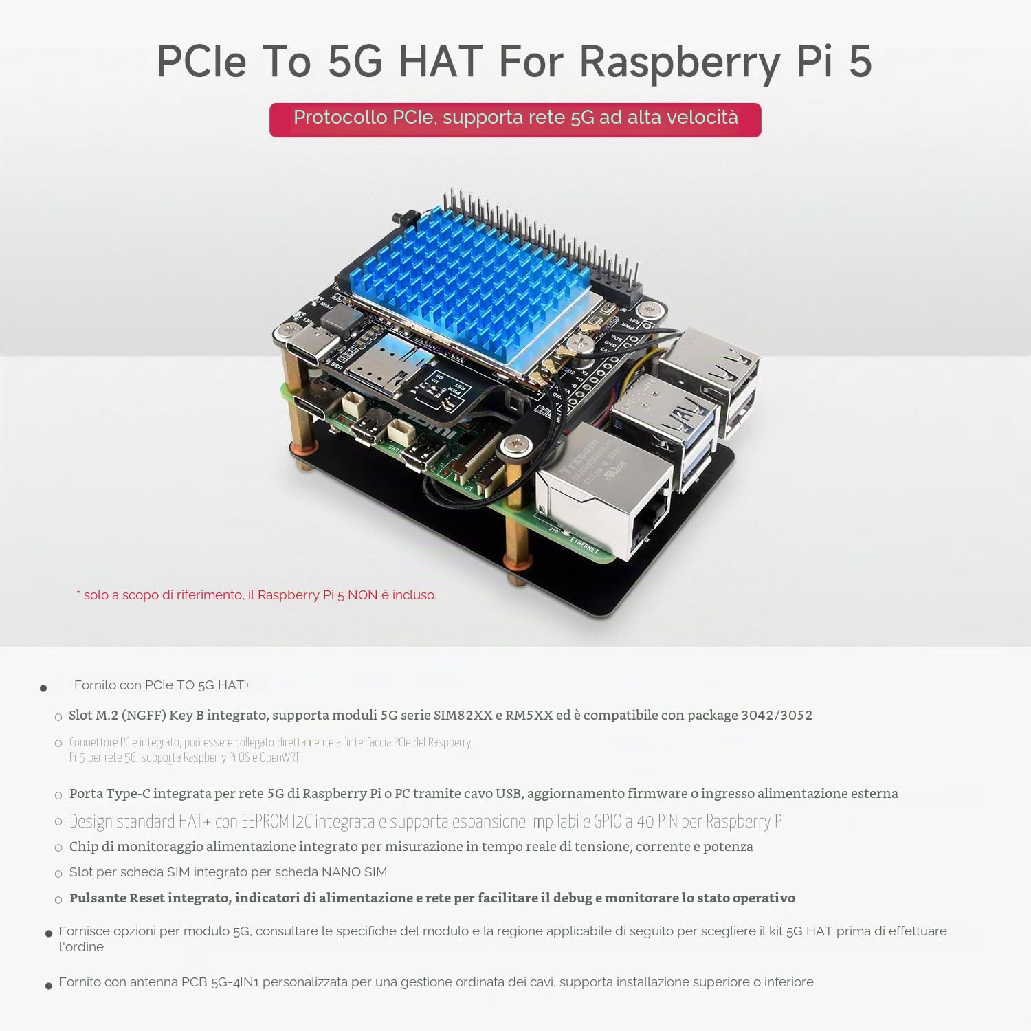 Waveshare PCIe To 5G/4G/3G HAT For Raspberry Pi 5, High-Speed, Compatible With 3042/3052 Package SIMCom/Quectel 5G Module, Compatible With Pi/OpenWRT/Windows/Linux Systems, with RM520N-GL 5G Module