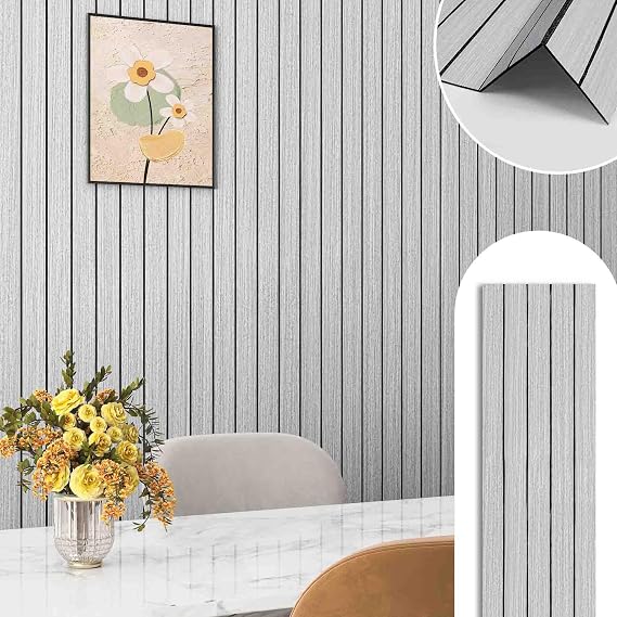 Yenhome 3D Textured Wood Slat Wall Panels, Soundproof Acoustic Panels for Interior Walls & Ceilings, Self-Adhesive Foam Panel with Grayish White Wood Modern Decor Office Home Theater Studio 12X118