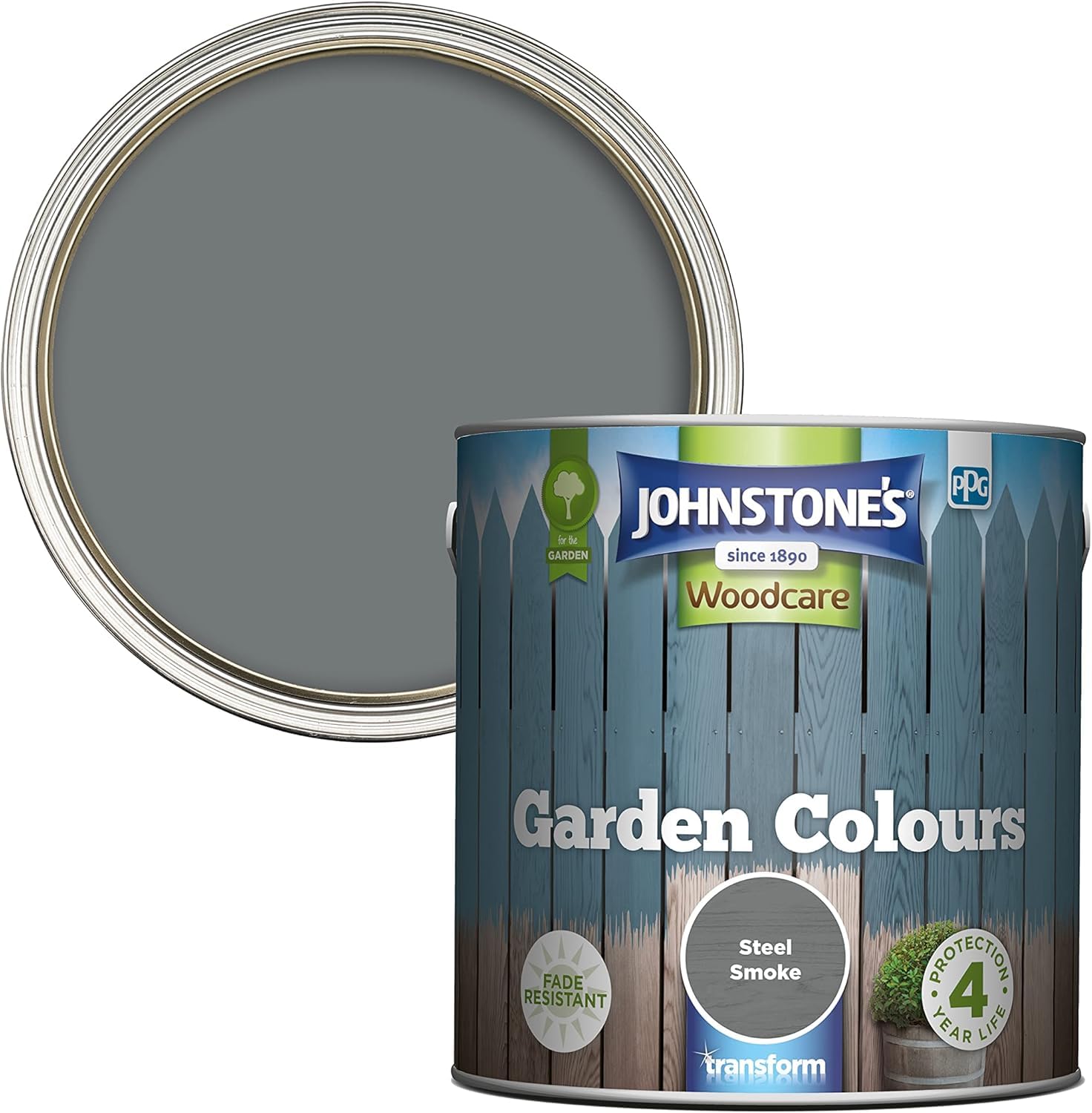 Johnstone's Steel Smoke Johnstone’s - Garden Colours - Exterior Wood Paint - Fade Resistant - Suitable For Garden Furniture Outdoors - Fence Paint - Dry In 2 Hours - 12M2 Coverage Per Litre - 2.5L