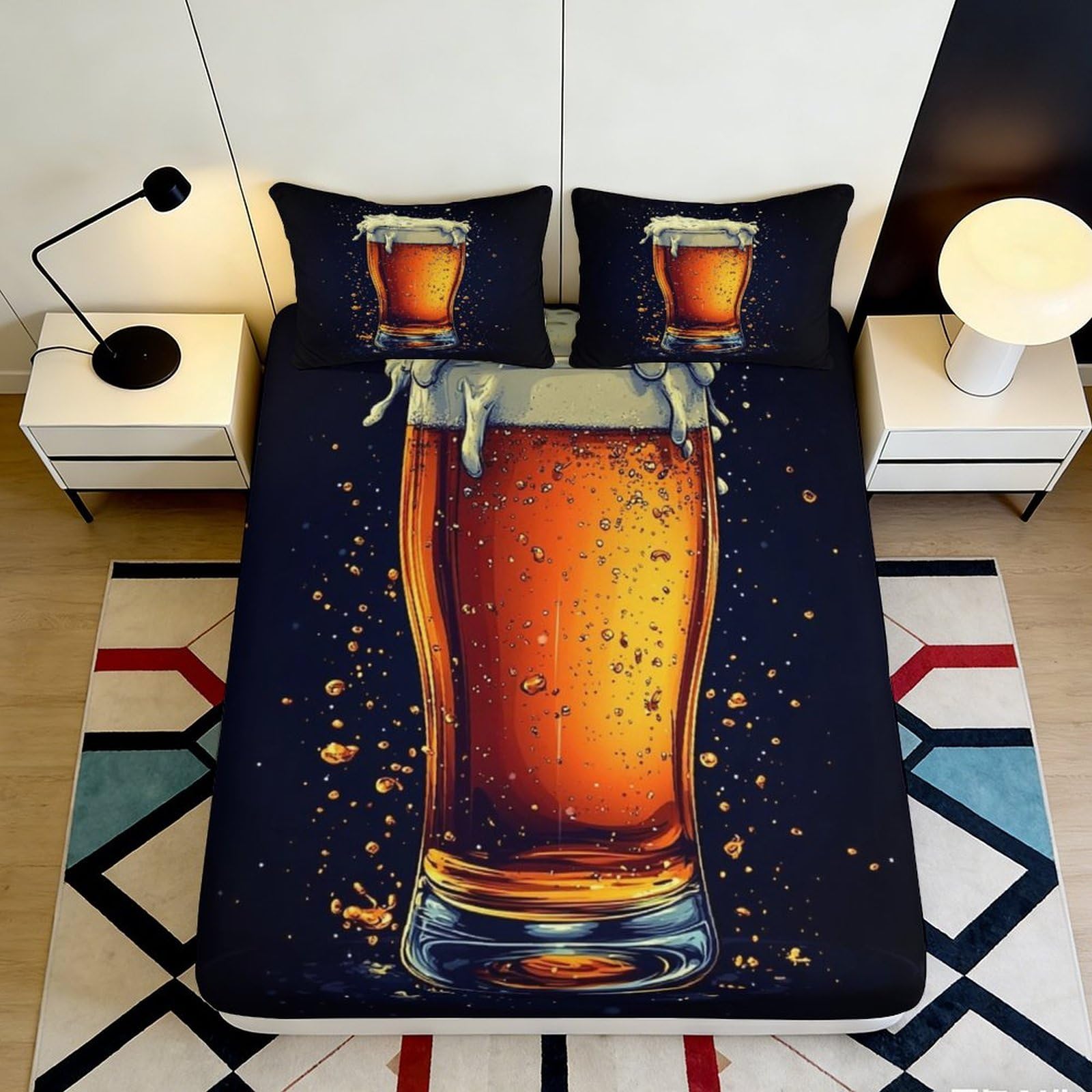 3D Printed Beer Glass Fitted Sheet Microfiber Amber Bubbles Bed Cover Non-slip Washable for Bedroom Dorm Decor 160x200x25cm