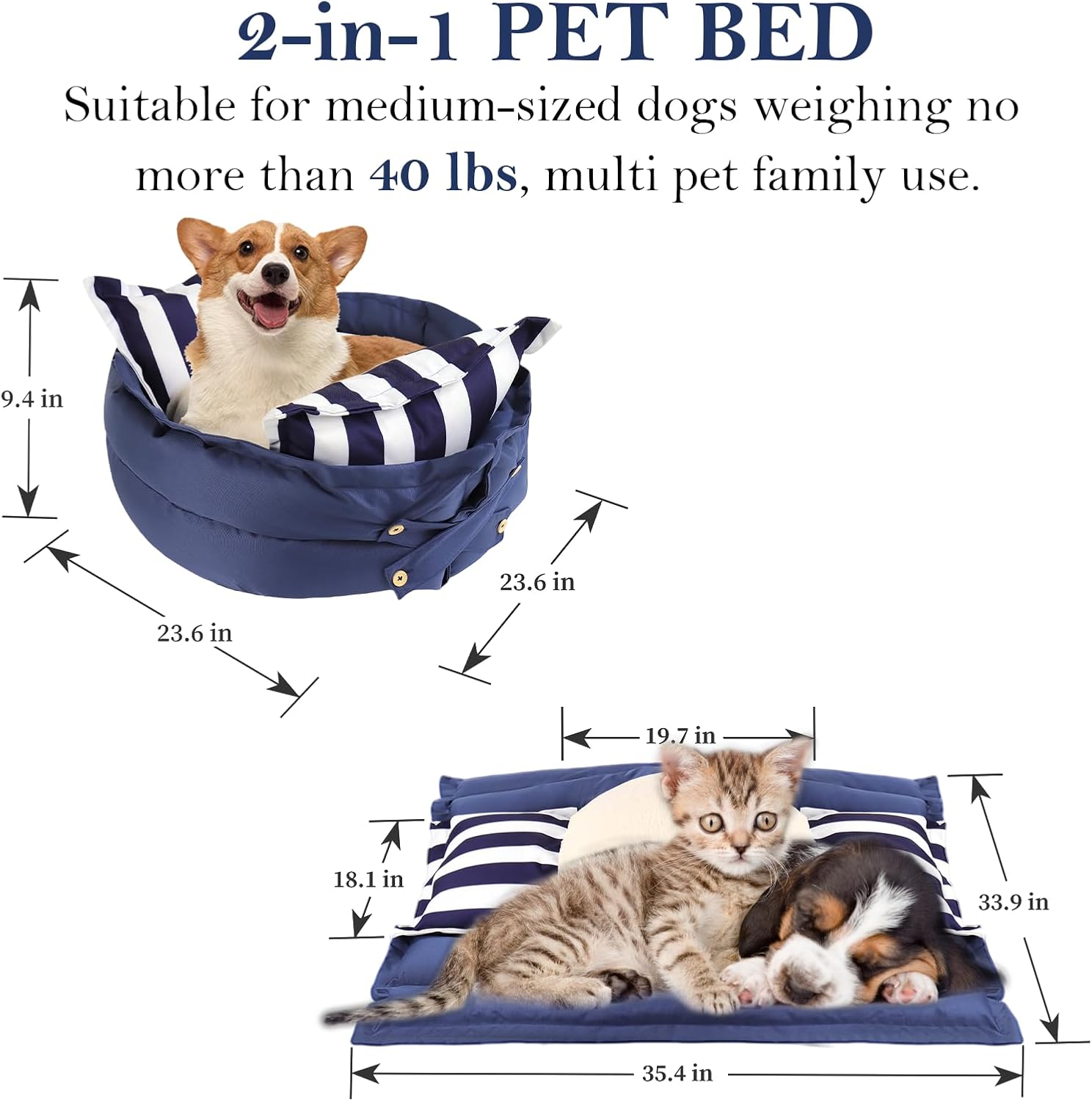 2-in-1 Dog Bed for Medium Size Dogs Up to 40 lbs Pet Bed Waterproof Dog Crate Bed with Removable Washable Cover, 23 x 9 Inches, Blue Stripes