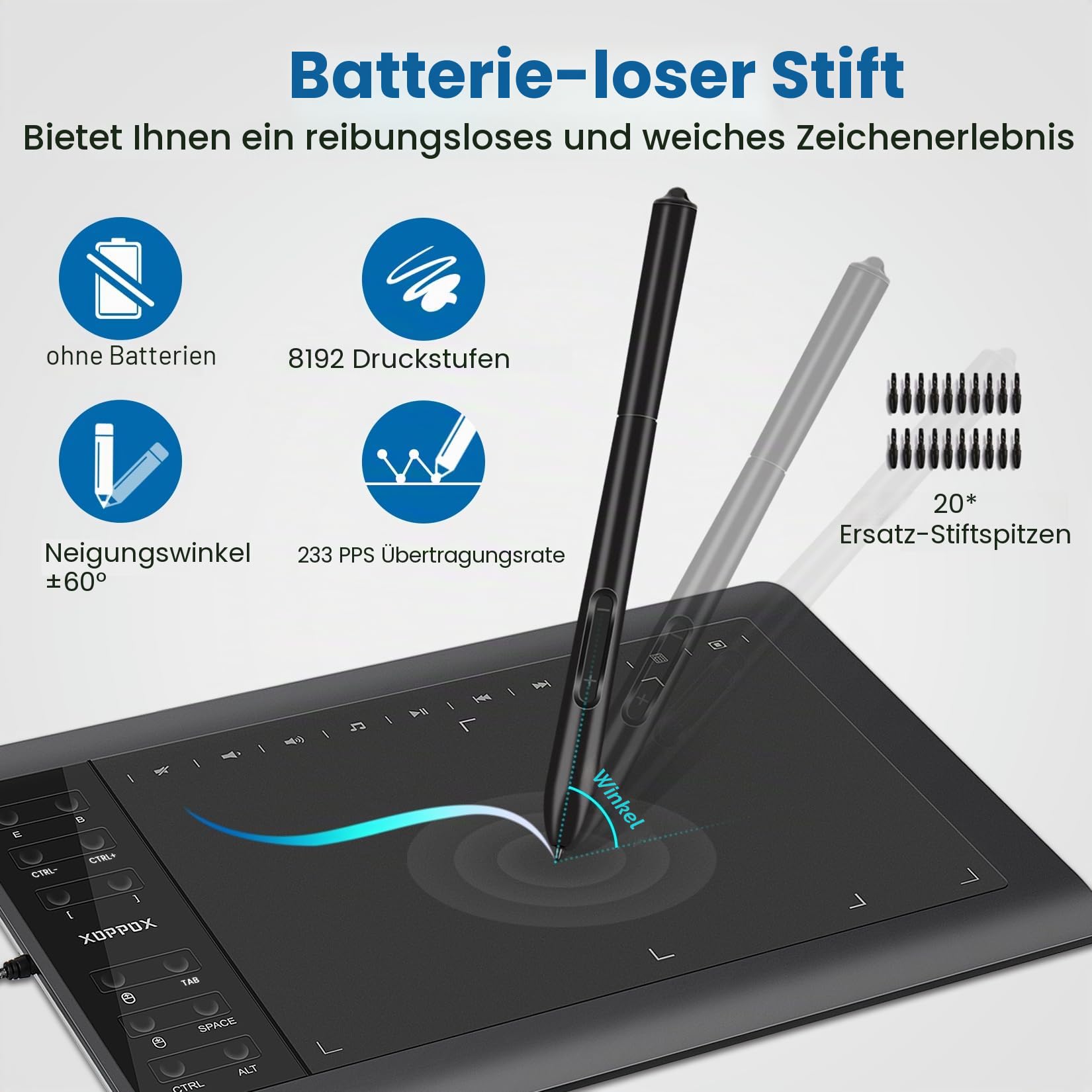 Grafik-Zeichentablett, 25,4 x 15,2 cm, großer aktiver Bereich mit Stift ohne Akku, 8192 Stiftdruckstufen und 12 Shortcut-Tasten, kompatibel mit PC/Mac/Android für die