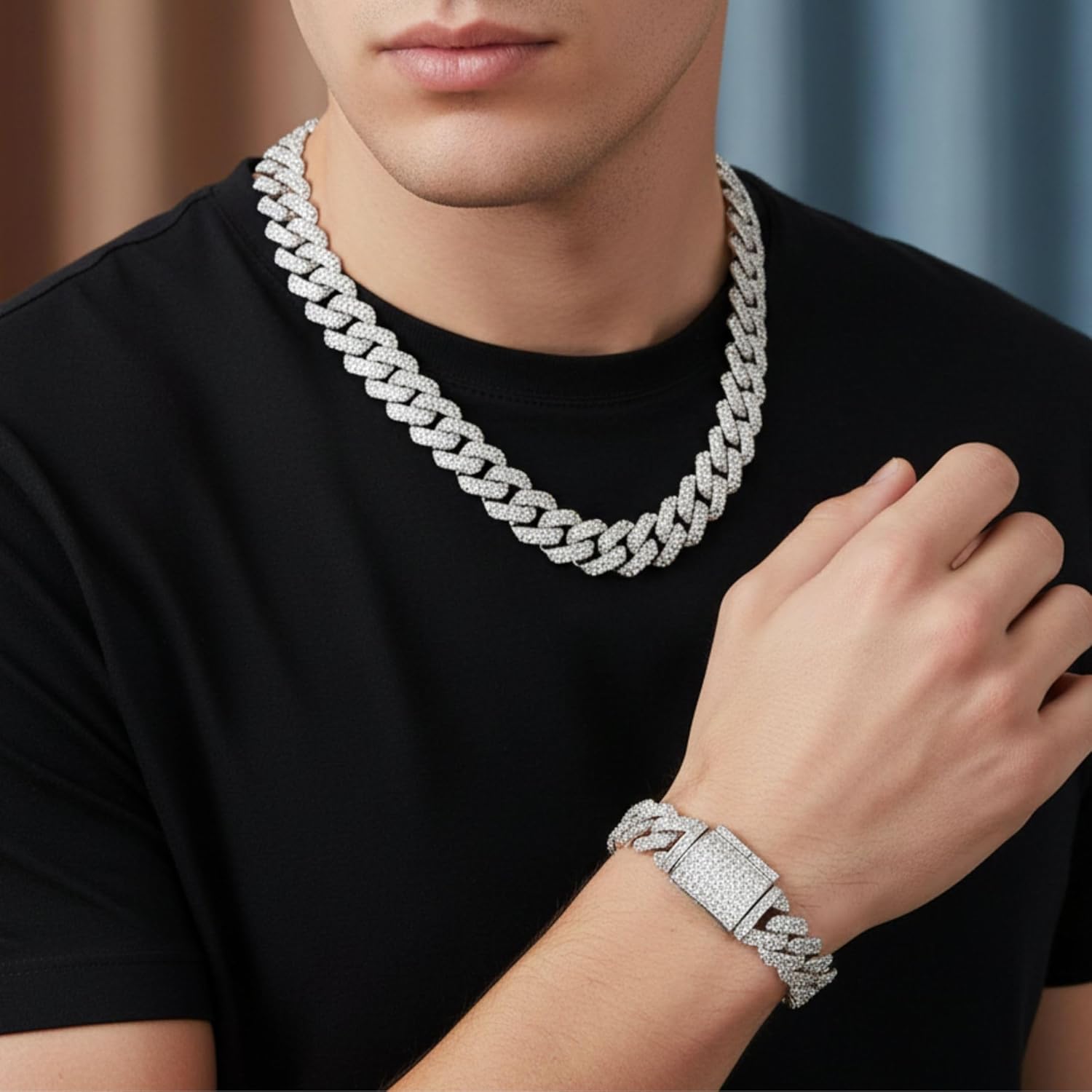 EMESLY Solid Miami Cuban Link Chain Gold/Silver Necklace (16, 18, 20, 22, 24 Inches Length); Hip Hop Bracelet (8" Length) for Men & Women; Perfect Iced Out Bling Jewelry Gift
