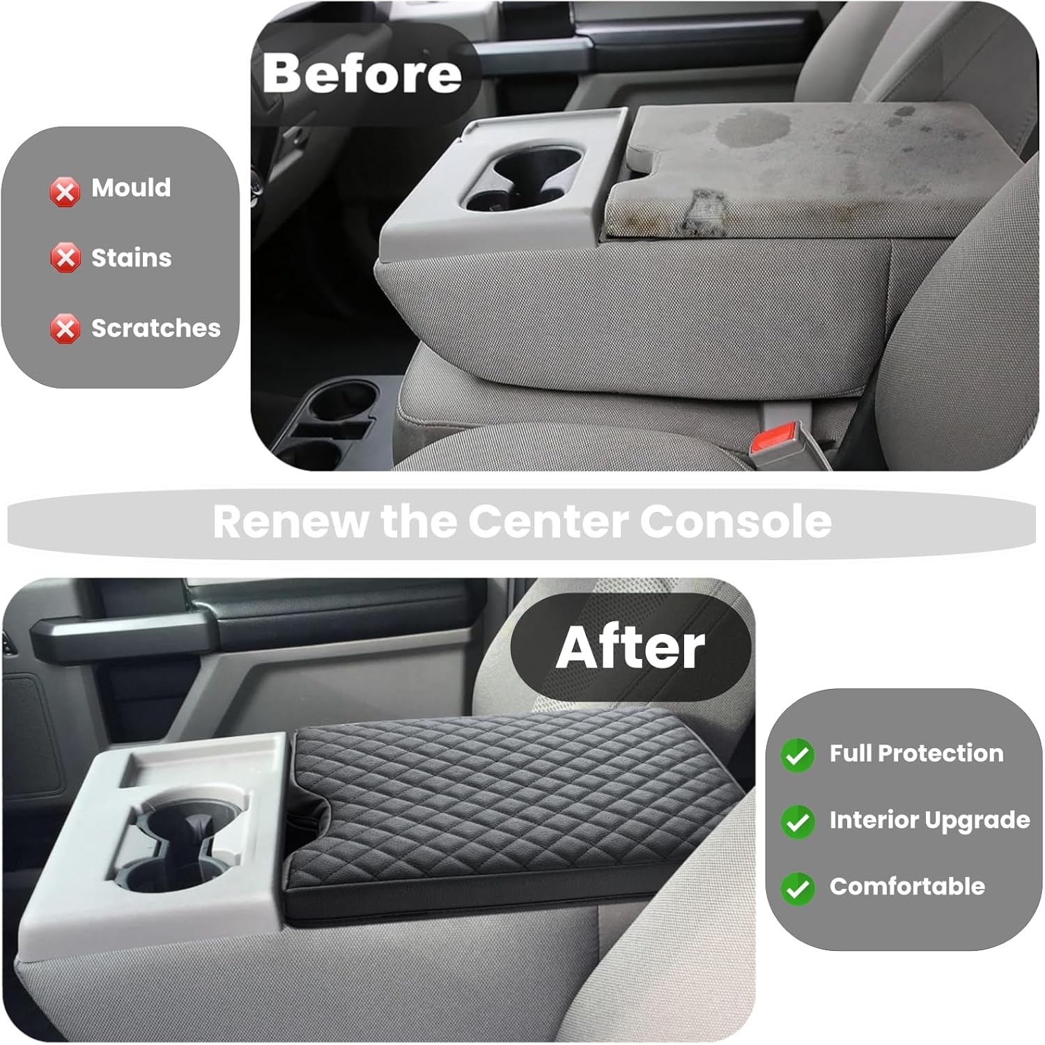 JOJOY LUX Center Console Cover for Ford F150 2015-2024 and F250 F350 F450 2017-2024 Leather Arm Rest Box Lid Middle Console Armrest Protective Cover F150 F250 Accessories(for Jump Seat Only)